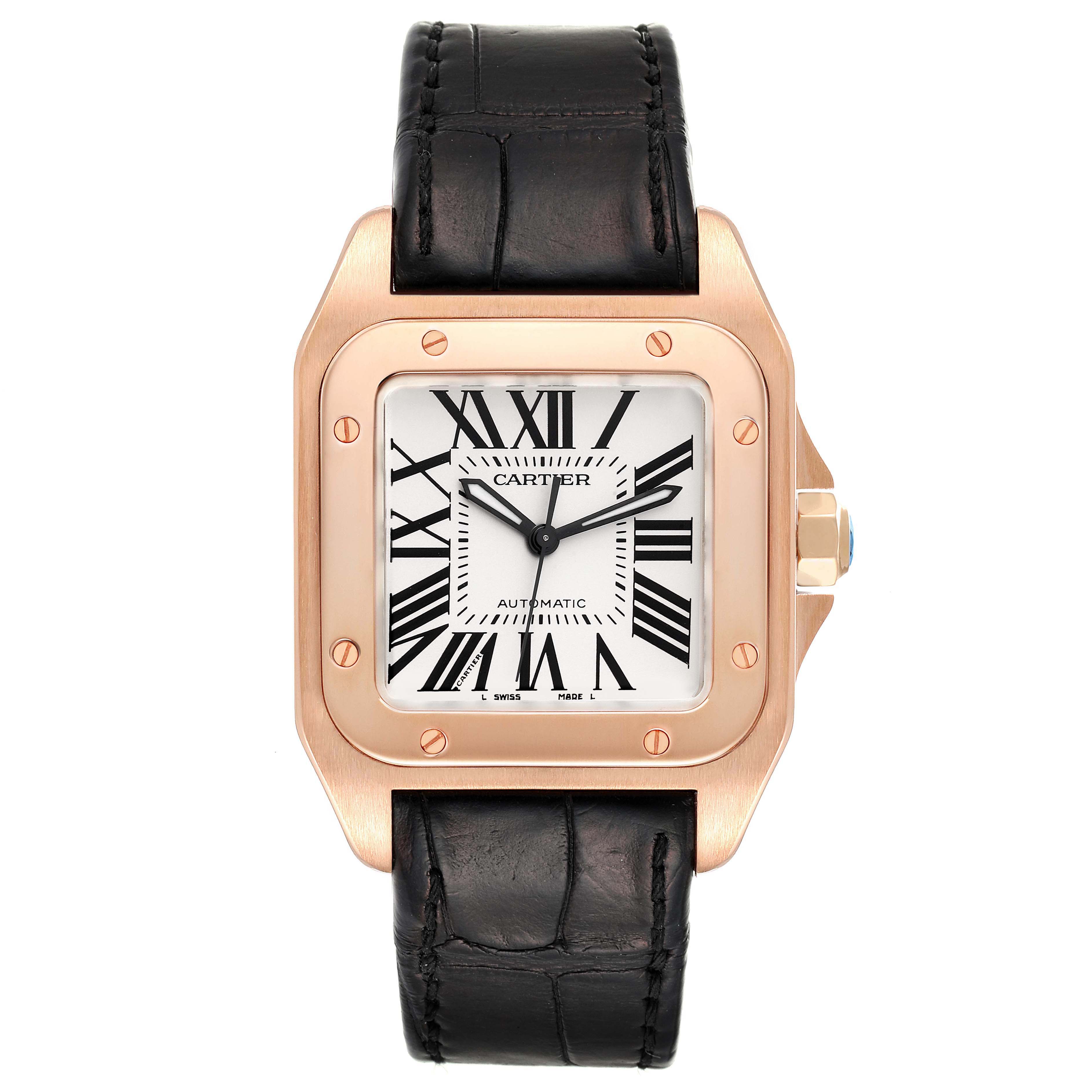 This image shows the Cartier Santos W20108Y1 Men's Rose Gold Silver Dial W20108Y1 Men's Rose Gold Silver Dial watch from a front angle, highlighting the dial, bezel, case, and leather strap.