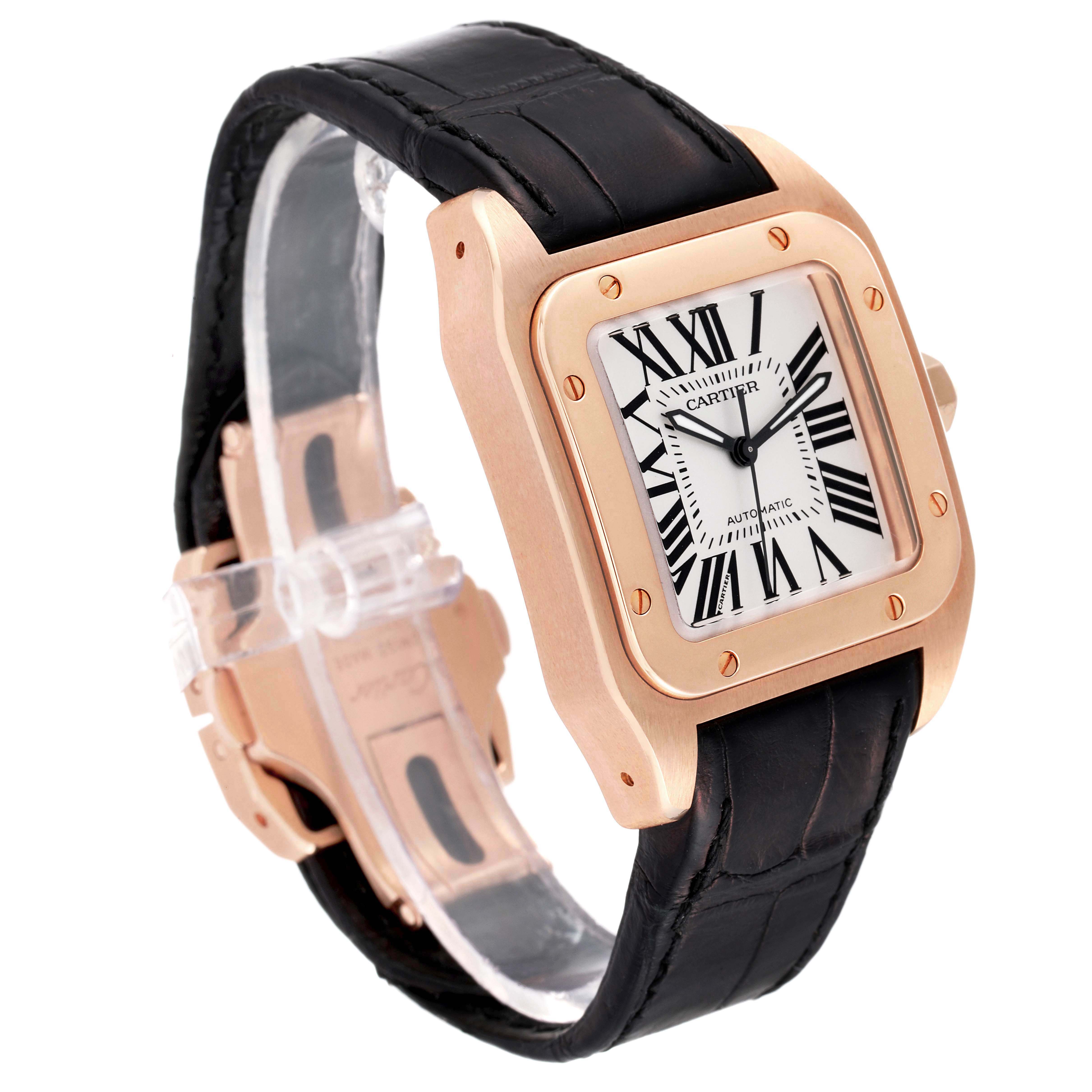 The image shows a Cartier Santos W20108Y1 Men's Rose Gold Silver Dial W20108Y1 Men's Rose Gold Silver Dial watch at an angle that highlights the case, dial, and black leather strap with a visible clasp.