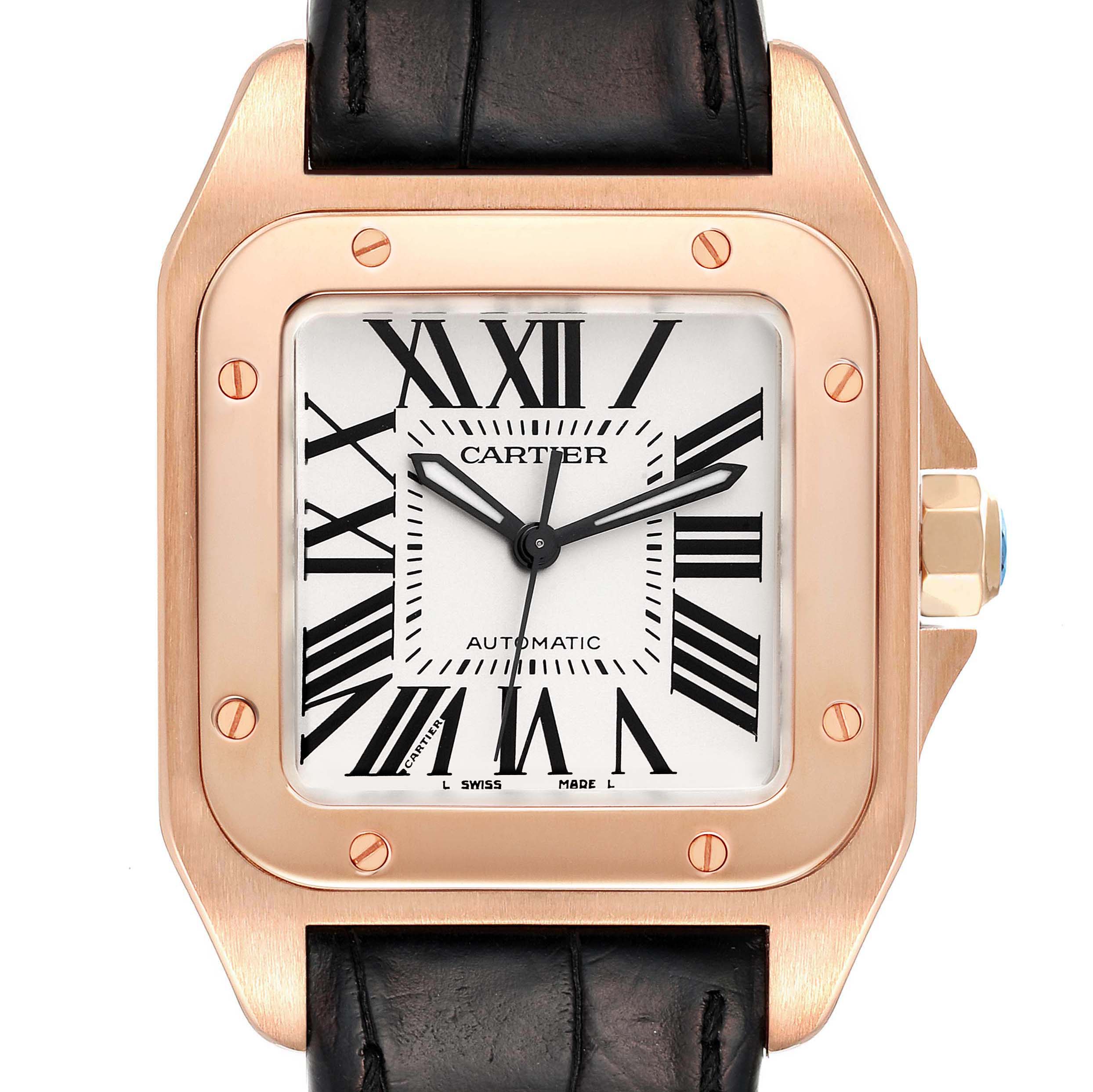 This image shows a close-up of the dial and case of the Cartier Santos W20108Y1 Men's Rose Gold Silver Dial W20108Y1 Men's Rose Gold Silver Dial watch, highlighting its Roman numerals and rose gold finish.