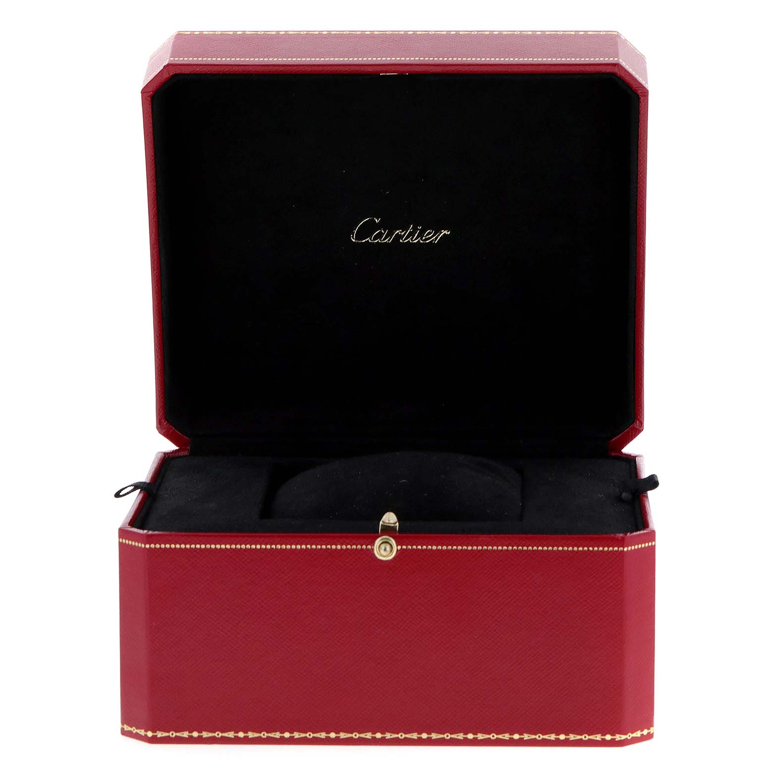 This is an open red Cartier watch box, likely for the Santos model, showing the interior without the watch.