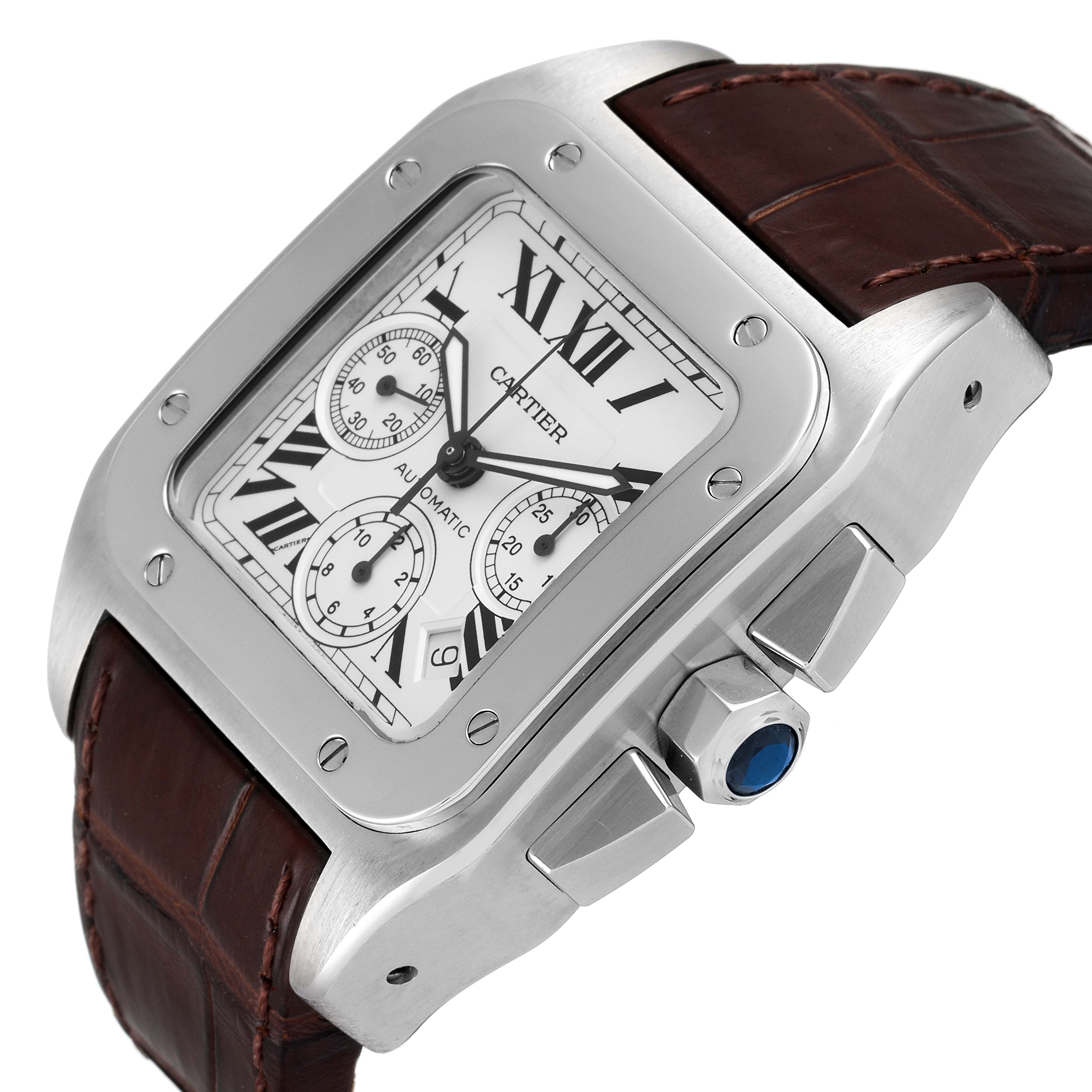 The image shows a Santos model by Cartier from an angled view, highlighting the dial, crown, pushers, and leather strap.