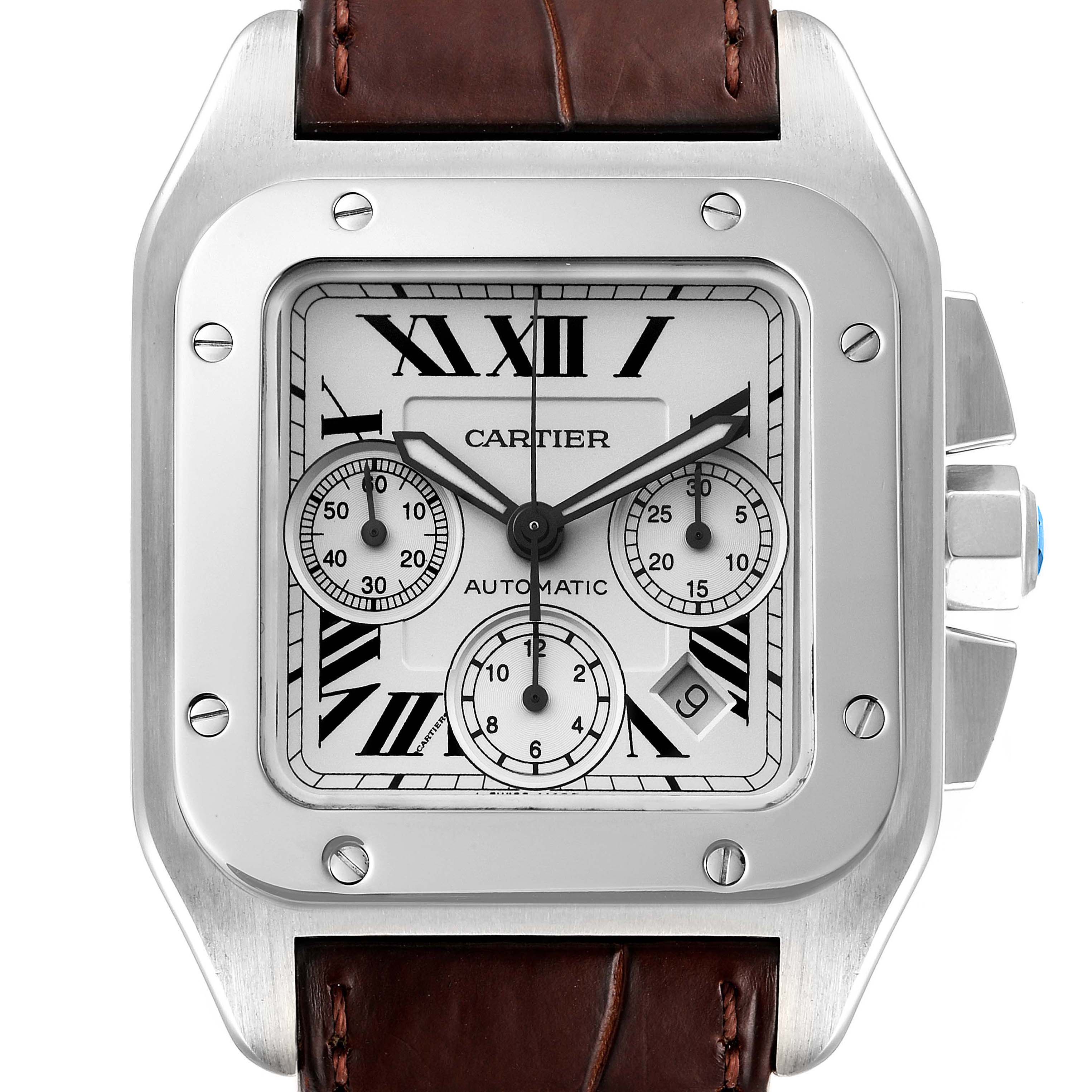 This image shows a front view of the Cartier Santos W20090X8 Men
s Stainless Steel Silver Dial W20090X8 Men
s Stainless Steel Silver Dial watch, displaying its dial, Roman numerals, chronograph subdials, and brown leather strap.