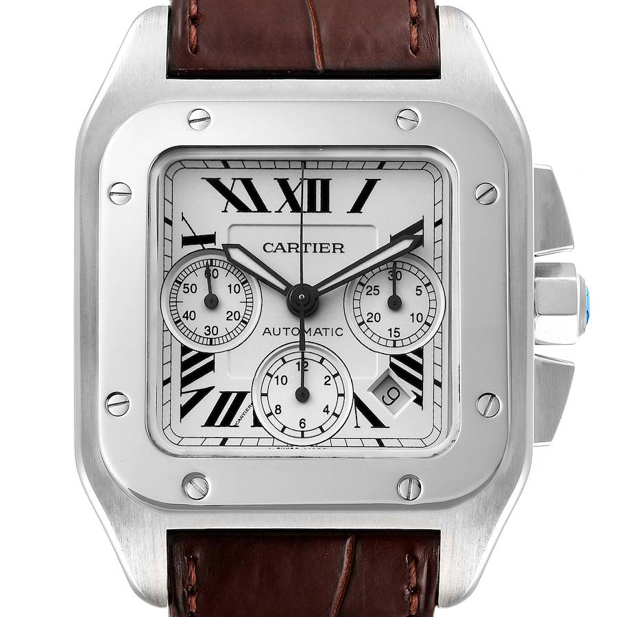 Cartier Santos 100 XL Silver Dial Brown Strap Chronograph Watch W20090X8 SwissWatchExpo