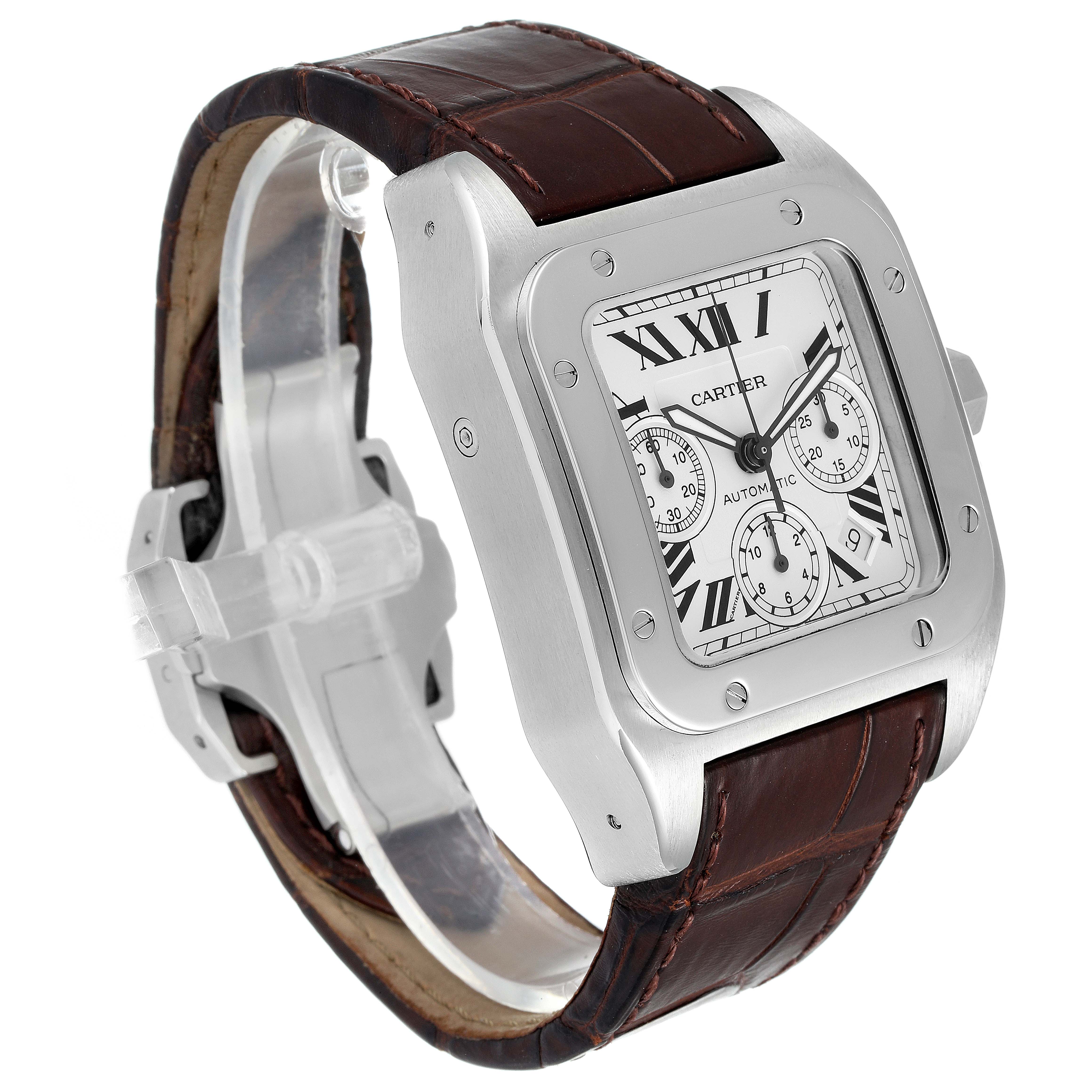 The image shows a Cartier Santos W20090X8 Men
s Stainless Steel Silver Dial W20090X8 Men
s Stainless Steel Silver Dial model watch at a three-quarter angle, highlighting its dial, case, brown leather strap, and clasp.