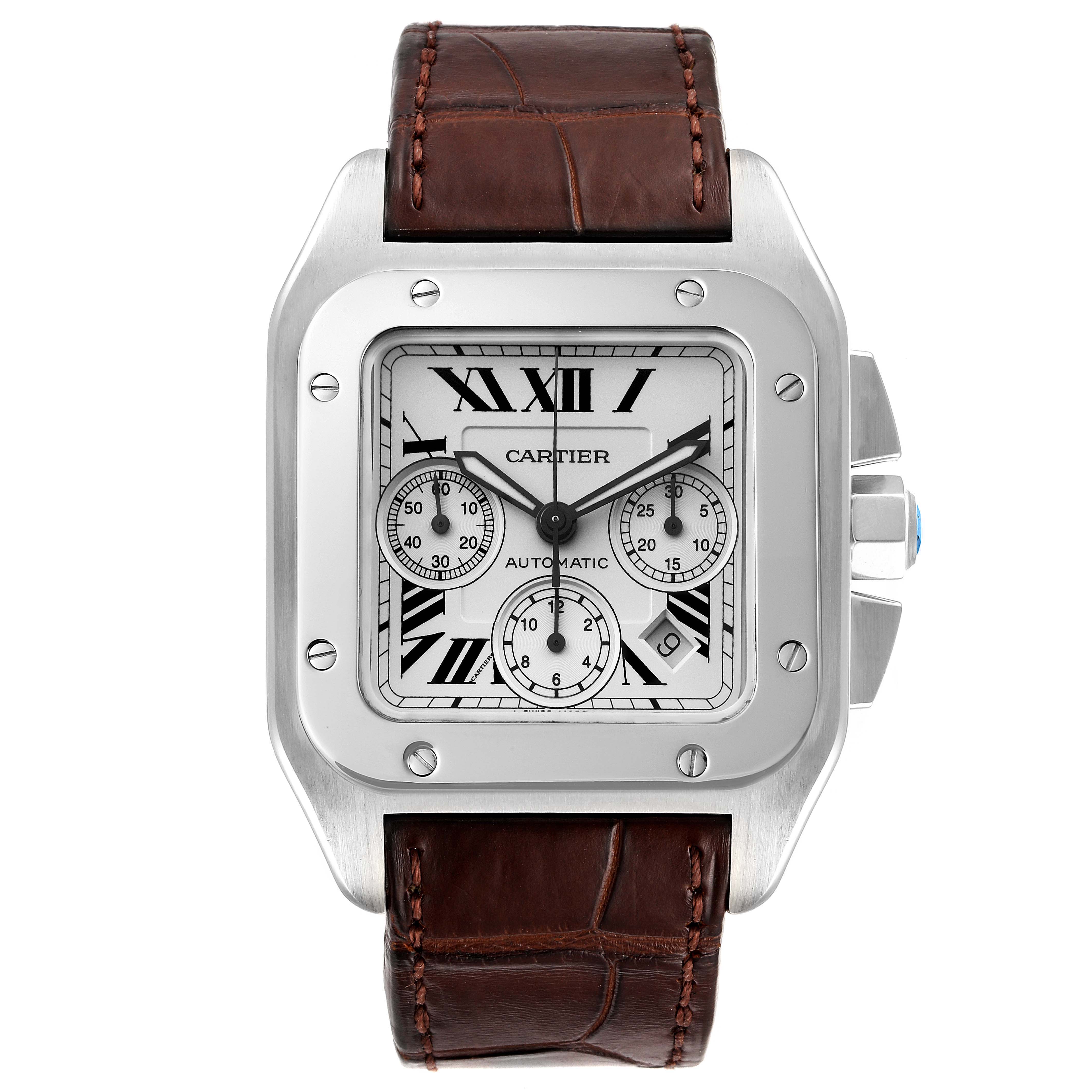 The image shows a Cartier Santos W20090X8 Men
s Stainless Steel Silver Dial W20090X8 Men
s Stainless Steel Silver Dial watch from a front angle, highlighting its square face, Roman numerals, subdials, and brown leather strap.