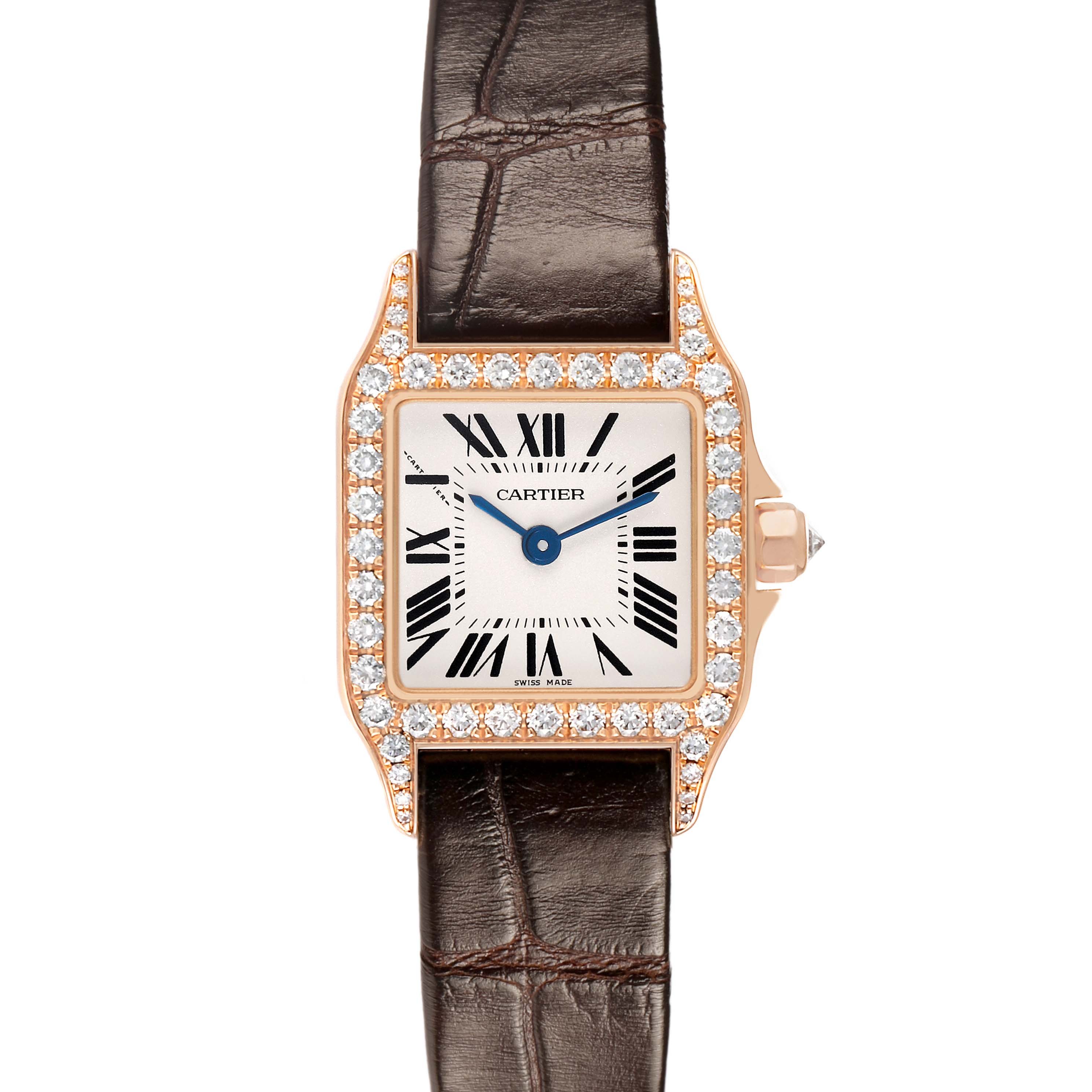 The Cartier Santos Demoiselle WF902006 Women's Rose Gold Silver Dial watch is shown from the front, highlighting its diamond-encrusted square bezel, roman numeral dial, and leather strap.