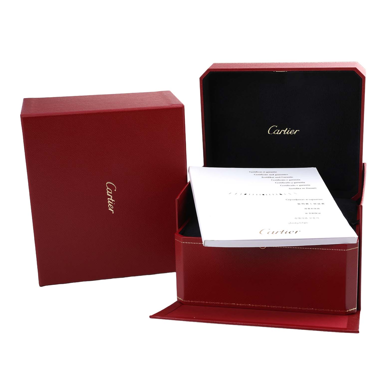 The image shows the Cartier Santos Demoiselle WF902006 Women's Rose Gold Silver Dial packaging, including a red box and booklet, viewed from an angled front perspective.