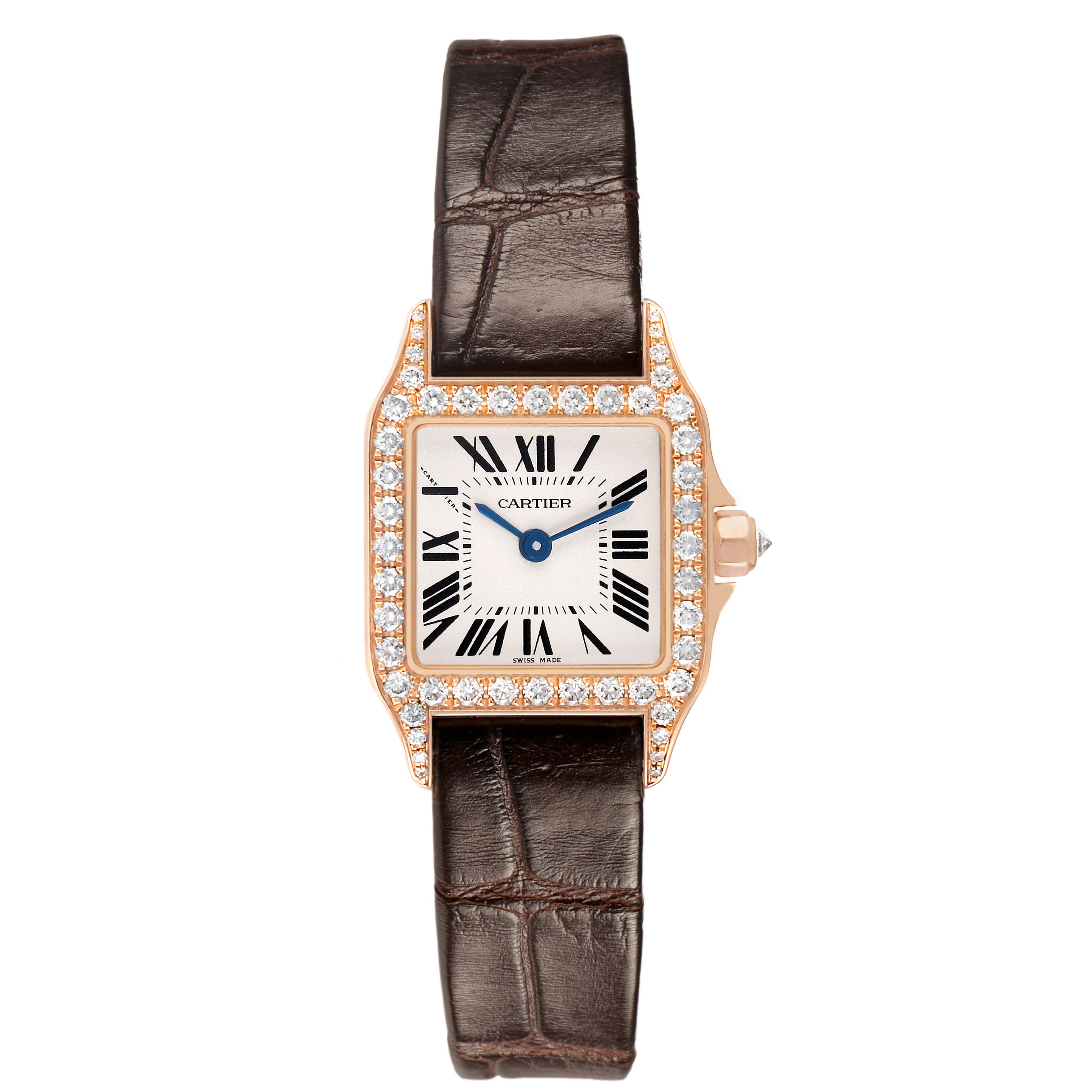The Cartier Santos Demoiselle WF902006 Women's Rose Gold Silver Dial watch is shown from the front, highlighting its diamond-set bezel and brown leather strap.