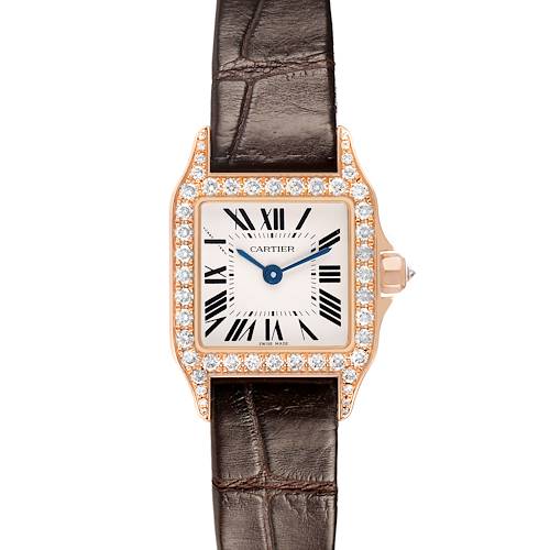 The Cartier Santos Demoiselle WF902006 Women's Rose Gold Silver Dial watch is shown from a front view, highlighting its diamond bezel, Roman numerals, and leather strap.