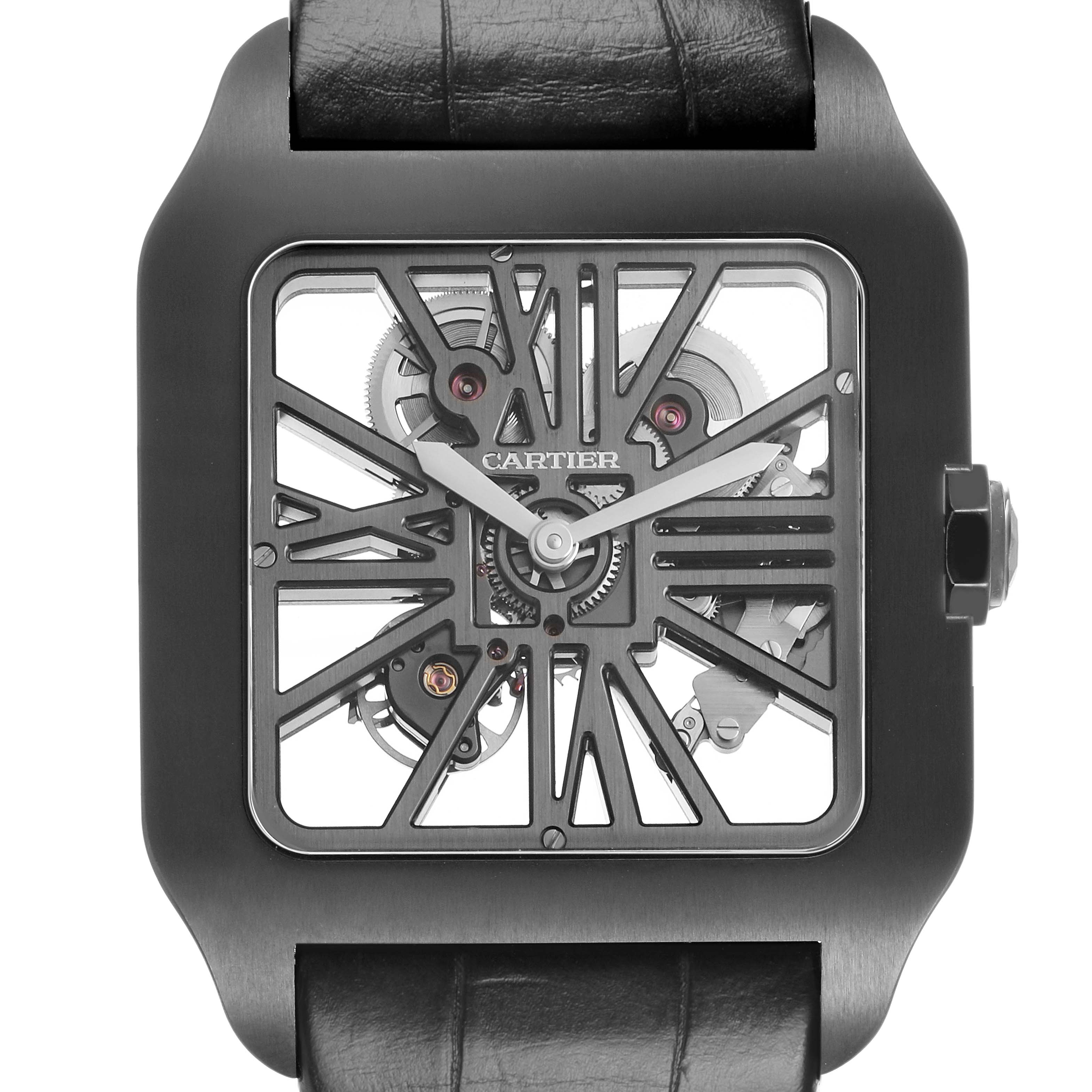 The Cartier Santos Dumont W2020052 Men's Titanium Transparent Dial watch is shown from the front, featuring a skeleton dial, black case, and leather strap.