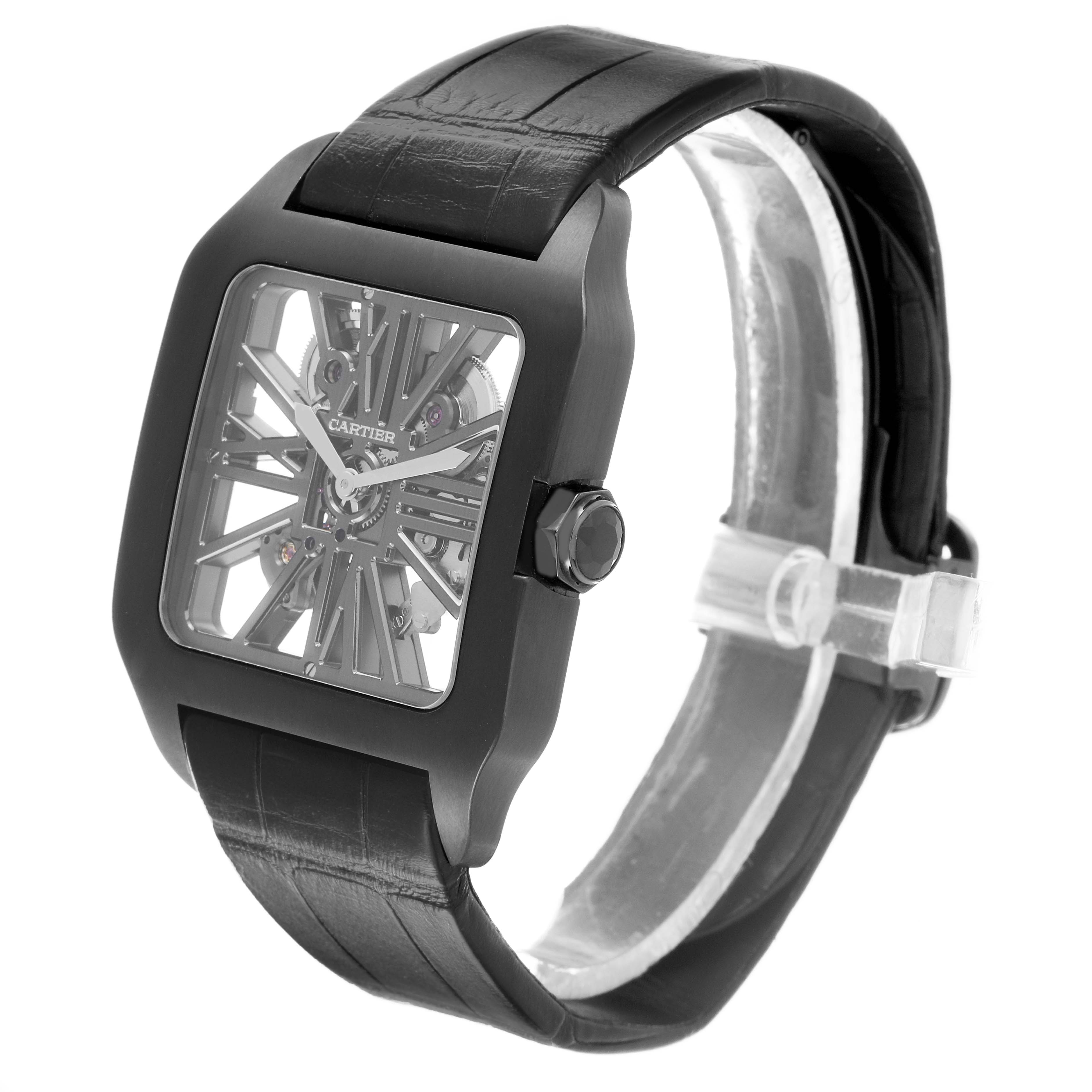 The Cartier Santos Dumont W2020052 Men's Titanium Transparent Dial watch is shown at a three-quarter angle displaying the face, crown, and full strap.