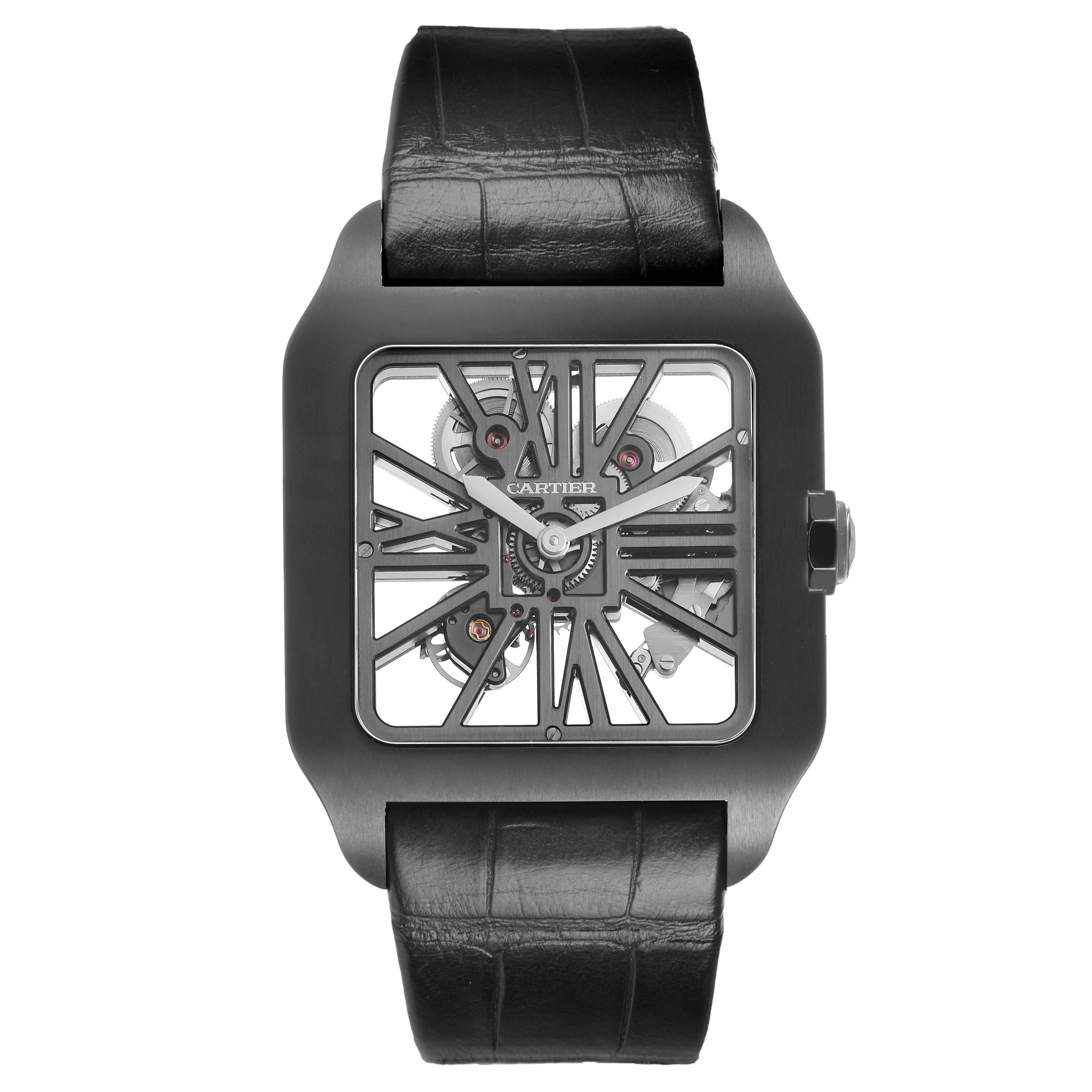 The Cartier Santos Dumont W2020052 Men's Titanium Transparent Dial watch is shown from the front, highlighting its skeleton dial and black leather strap.