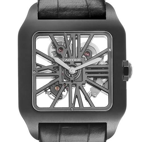The Cartier Santos Dumont W2020052 Men's Titanium Transparent Dial watch is shown from the front, highlighting its skeleton dial and square case design.