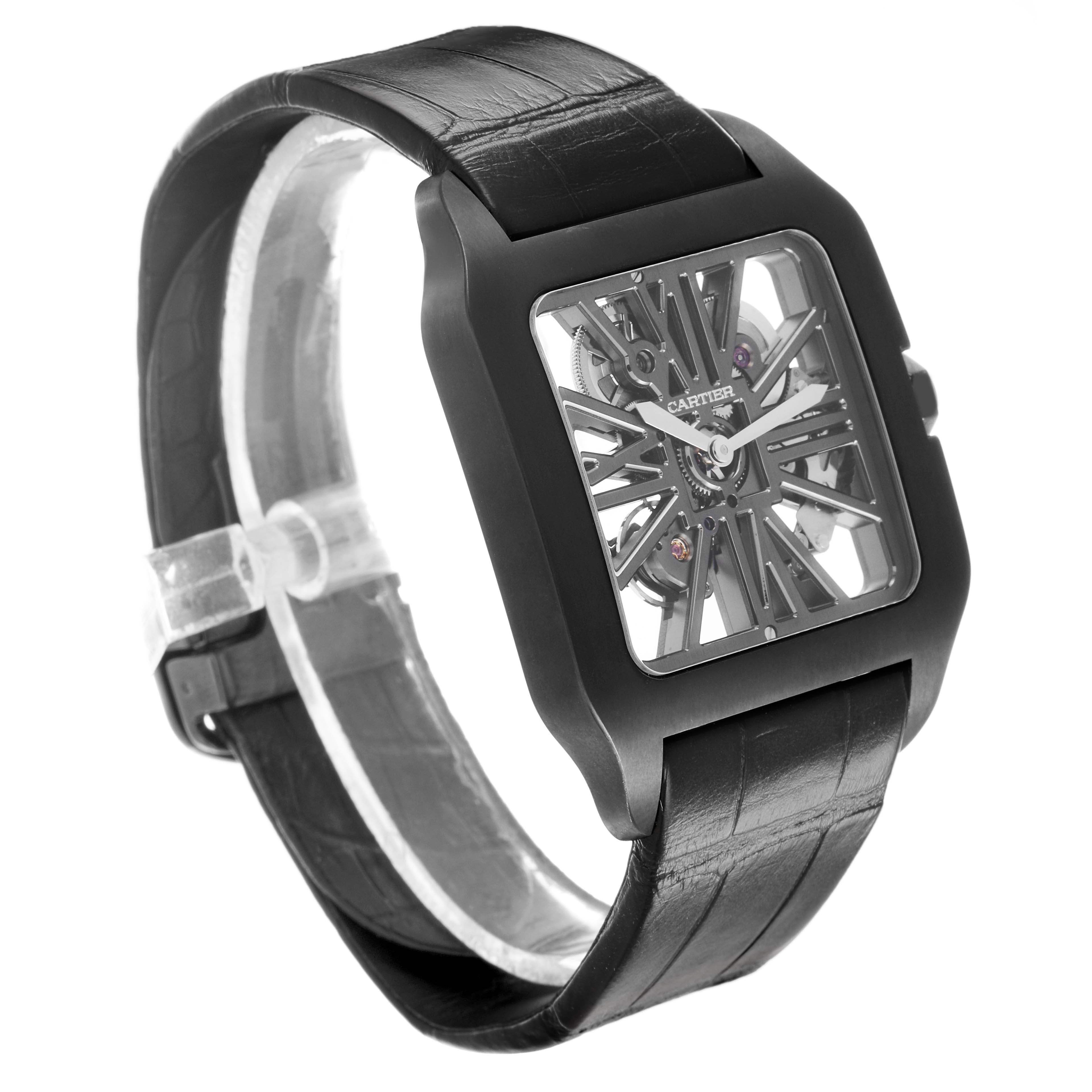 The Cartier Santos Dumont W2020052 Men's Titanium Transparent Dial watch is shown from a three-quarter angle, highlighting its skeleton dial and black leather strap.