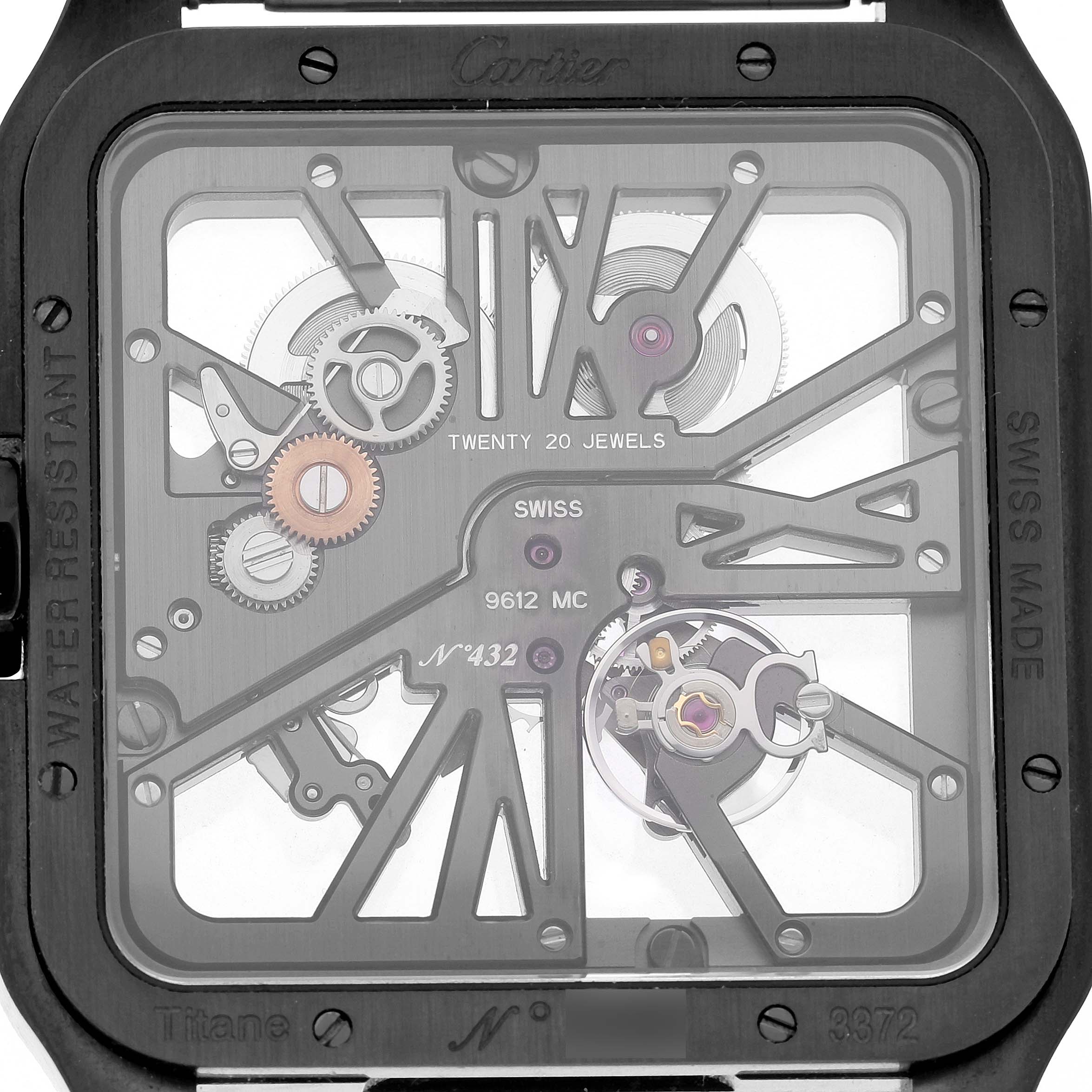 The image shows the back view of the Cartier Santos Dumont W2020052 Men's Titanium Transparent Dial watch, highlighting its exposed mechanical movement and intricate gears.