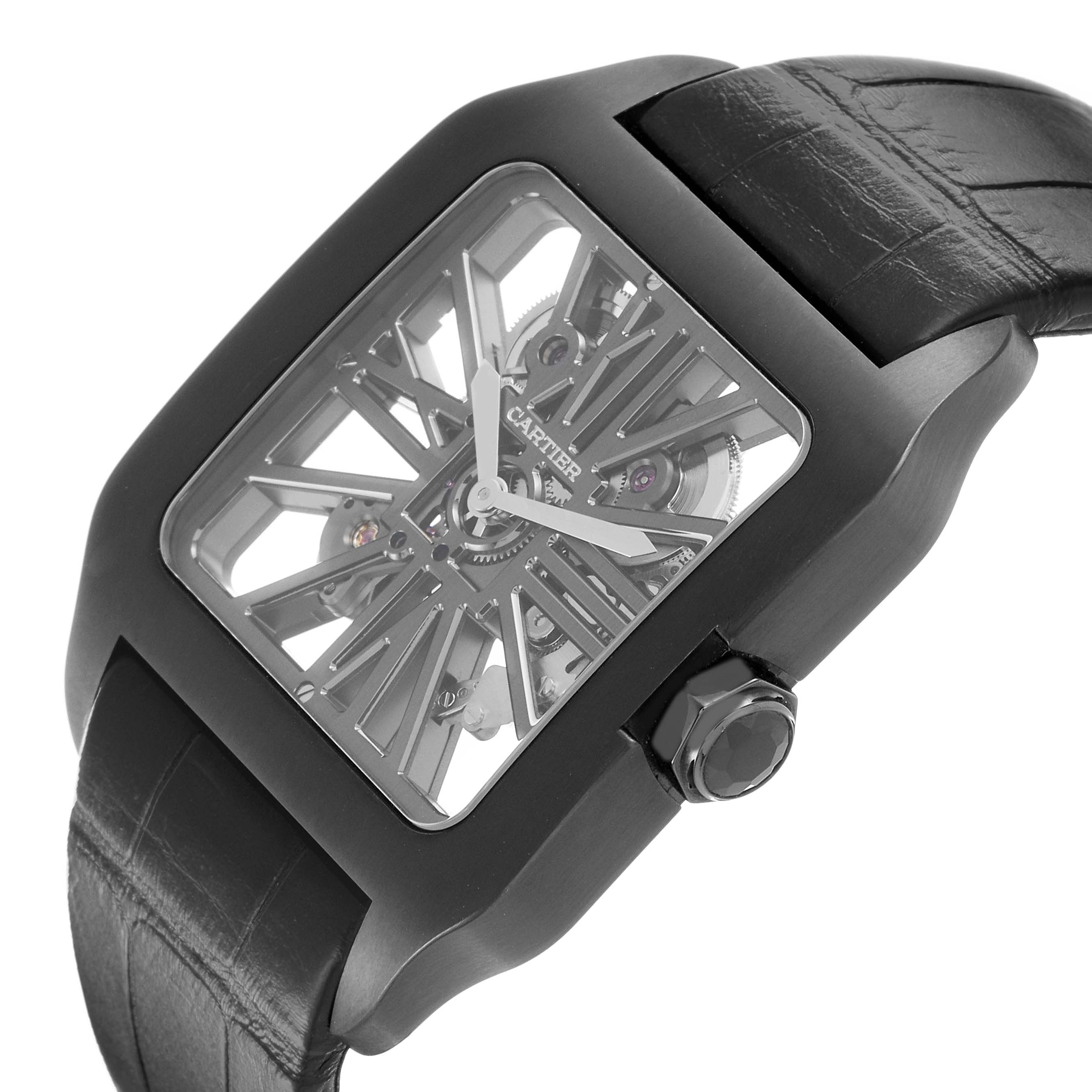 The Cartier Santos Dumont W2020052 Men's Titanium Transparent Dial watch is shown at an oblique angle, highlighting the face, skeleton dial, and crown.