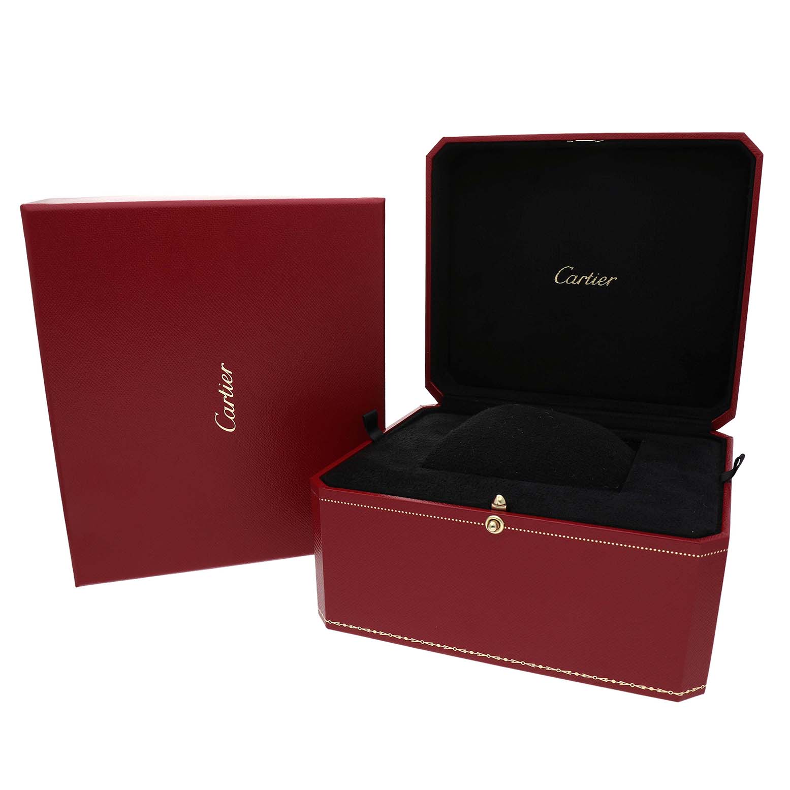 The image shows the open and closed red Cartier box for the Santos Dumont model, featuring the brand's logo inside.