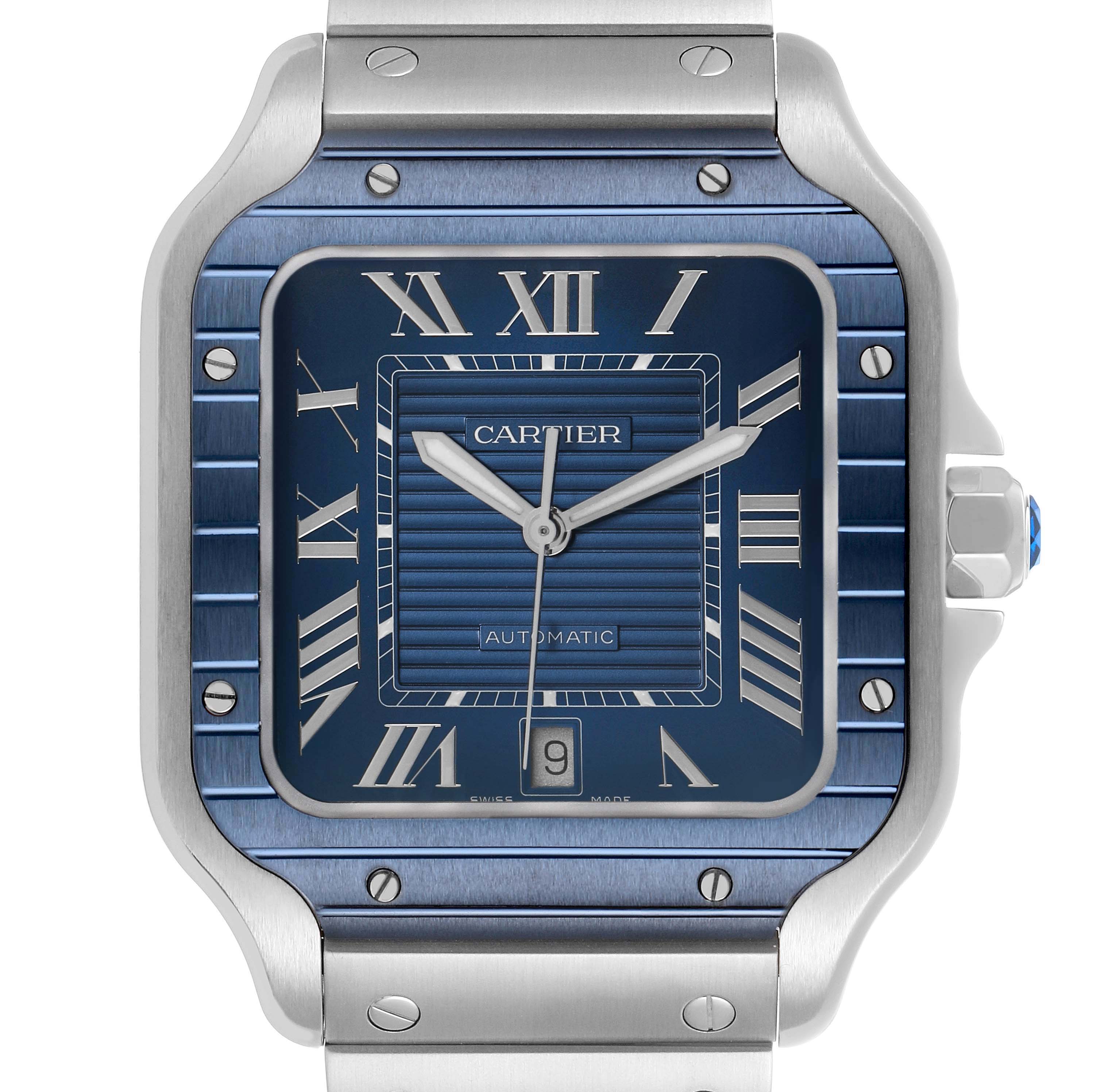 The Santos de Cartier watch is shown from the front, highlighting the dial, bezel, and part of the bracelet.