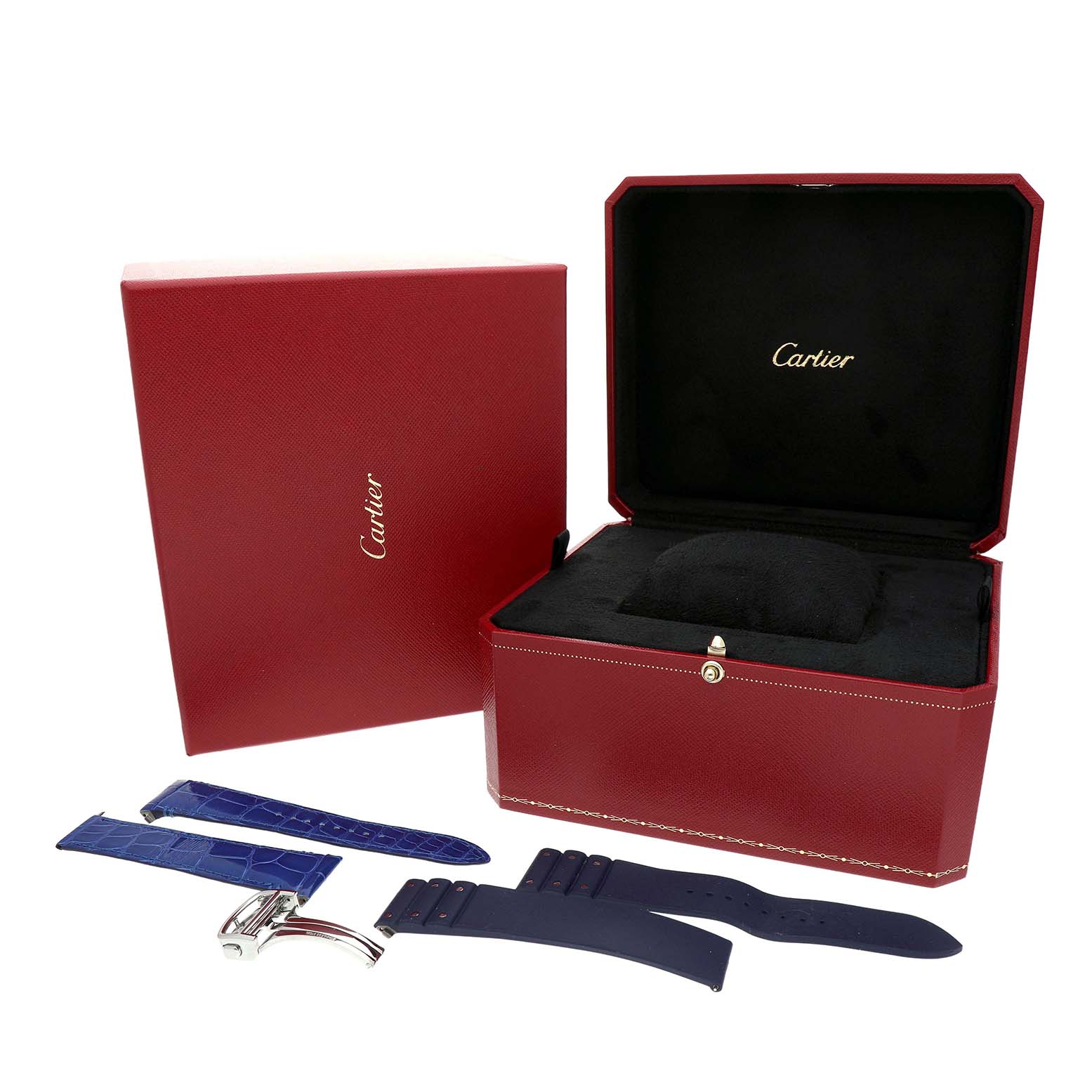 The image shows a Cartier Santos WSSA0048 Men's Stainless Steel Blue Dial watch box, additional straps in blue, and a clasp, viewed from the top and slightly to the side.