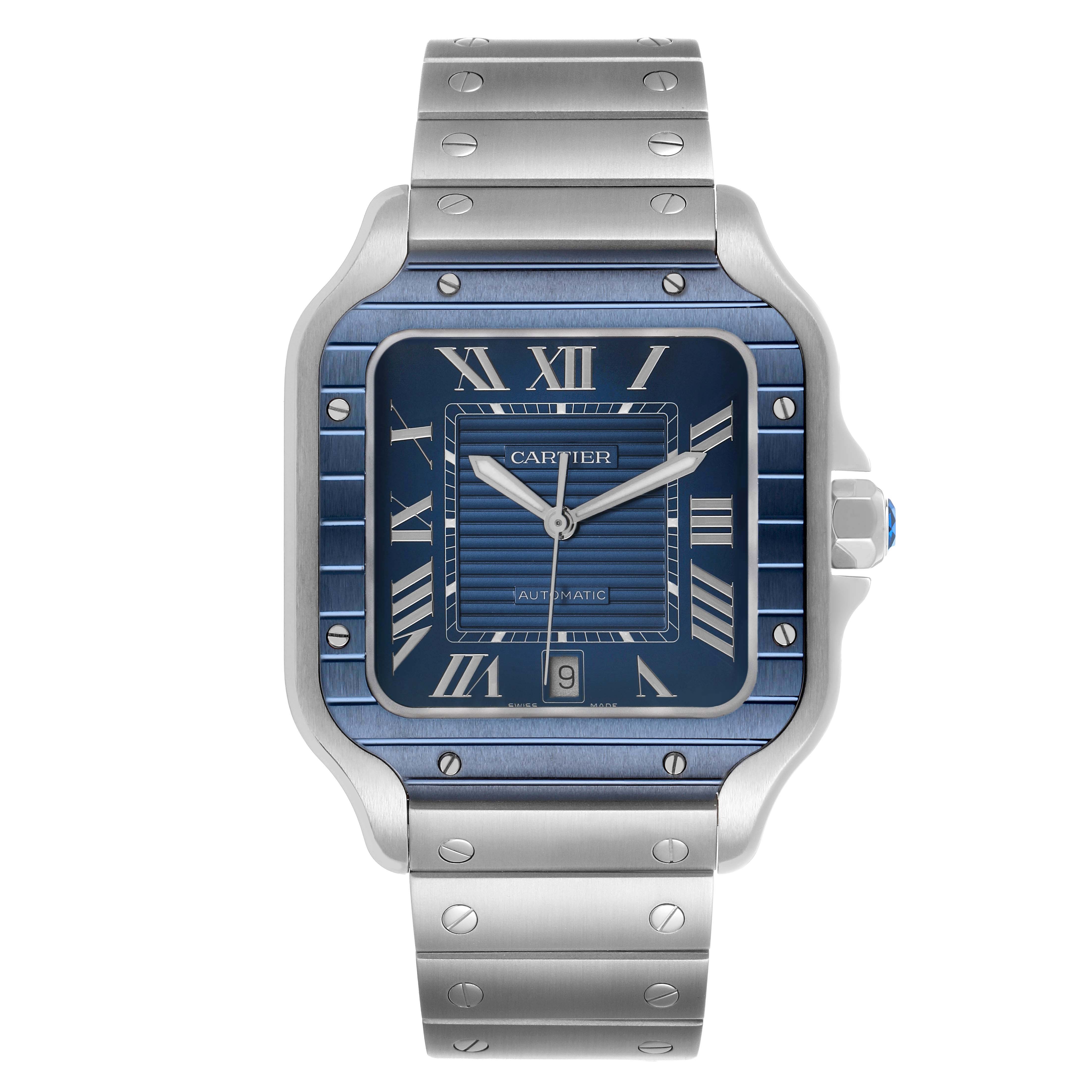The Cartier Santos WSSA0048 Men's Stainless Steel Blue Dial watch is shown from the front, highlighting its blue dial, metal bracelet, and Roman numeral markers.