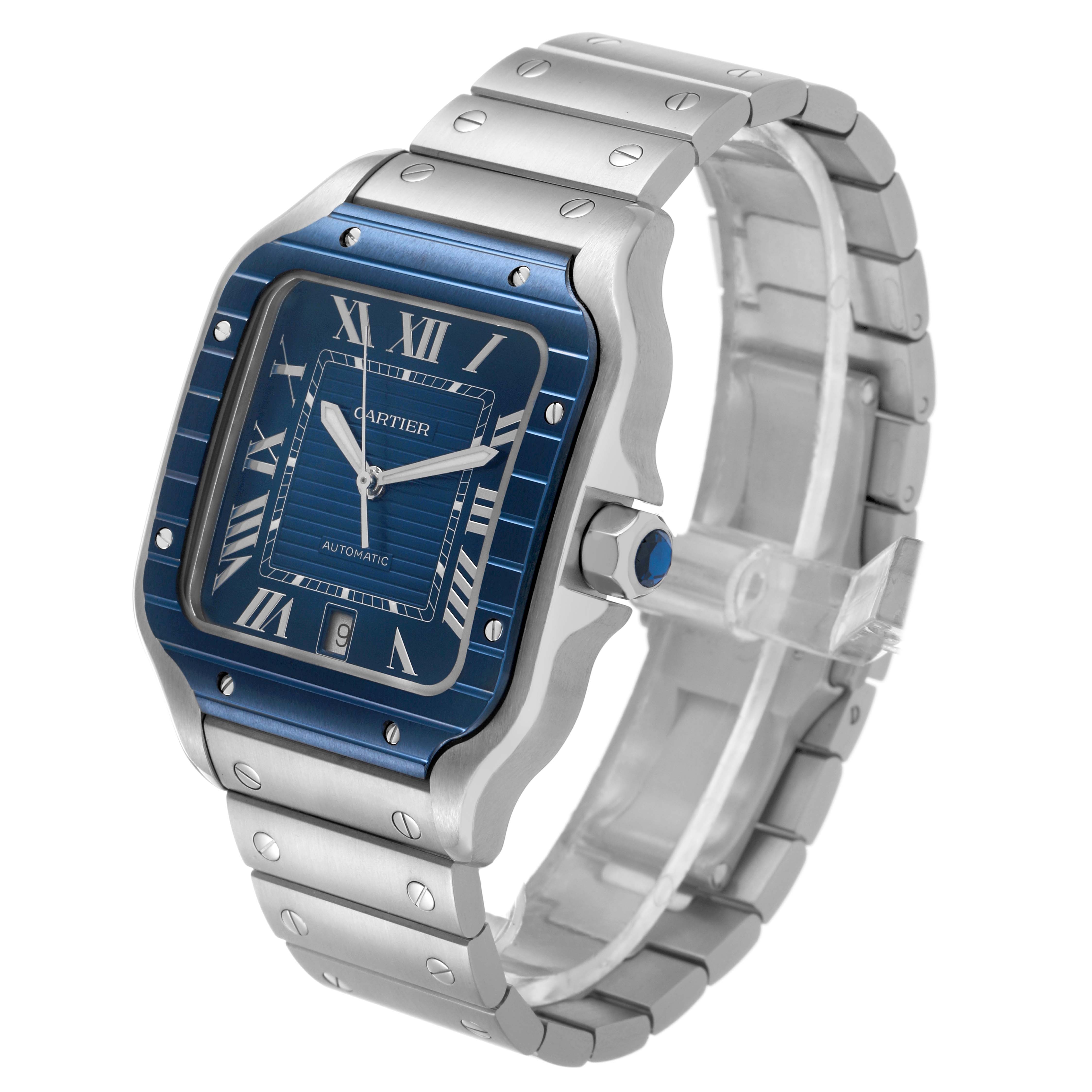 This Cartier Santos WSSA0048 Men's Stainless Steel Blue Dial watch is shown at a slight angle, displaying the blue dial, bezel, crown, and metal bracelet.