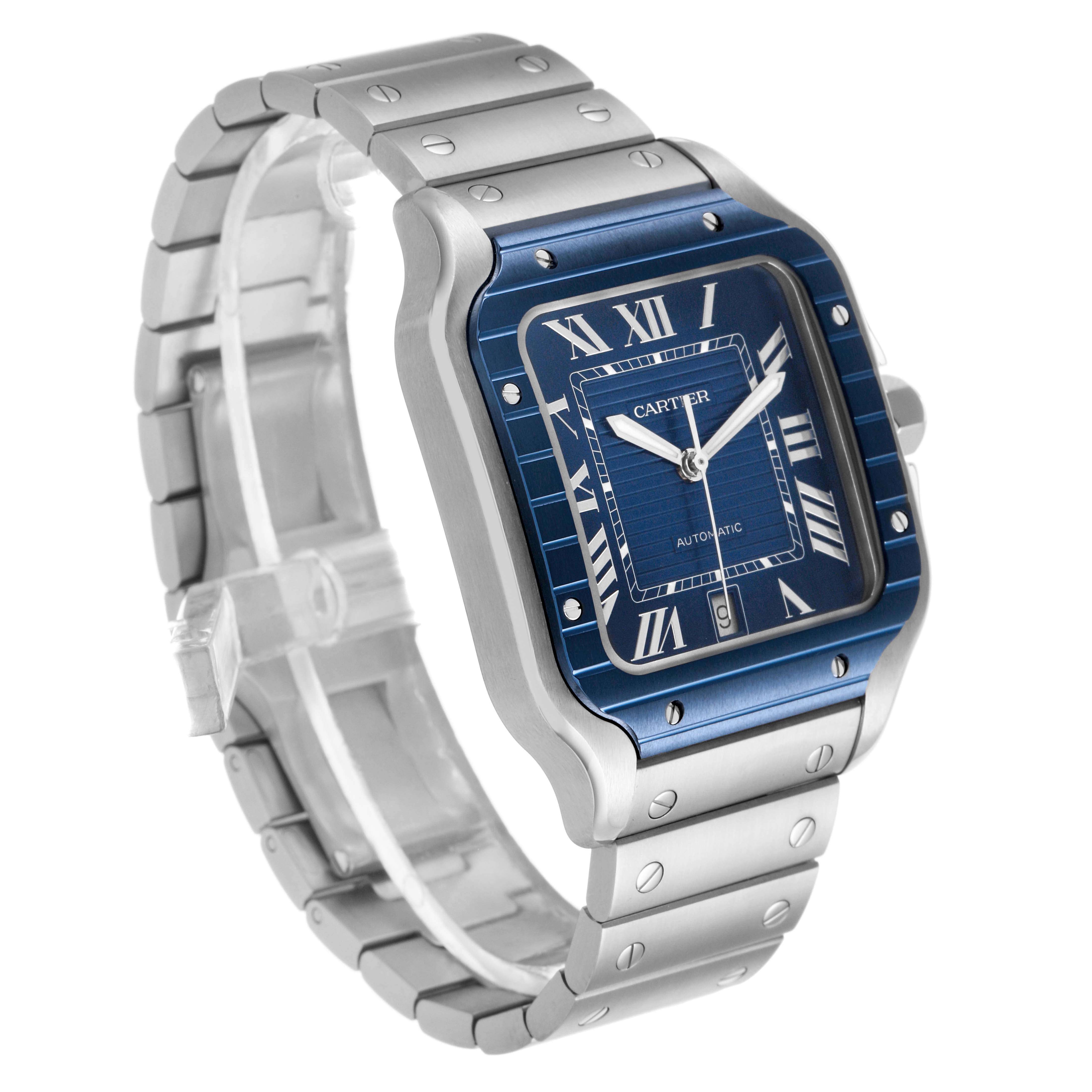 The Cartier Santos WSSA0048 Men's Stainless Steel Blue Dial watch is shown at a three-quarter angle, highlighting the blue dial, stainless steel case, and bracelet.
