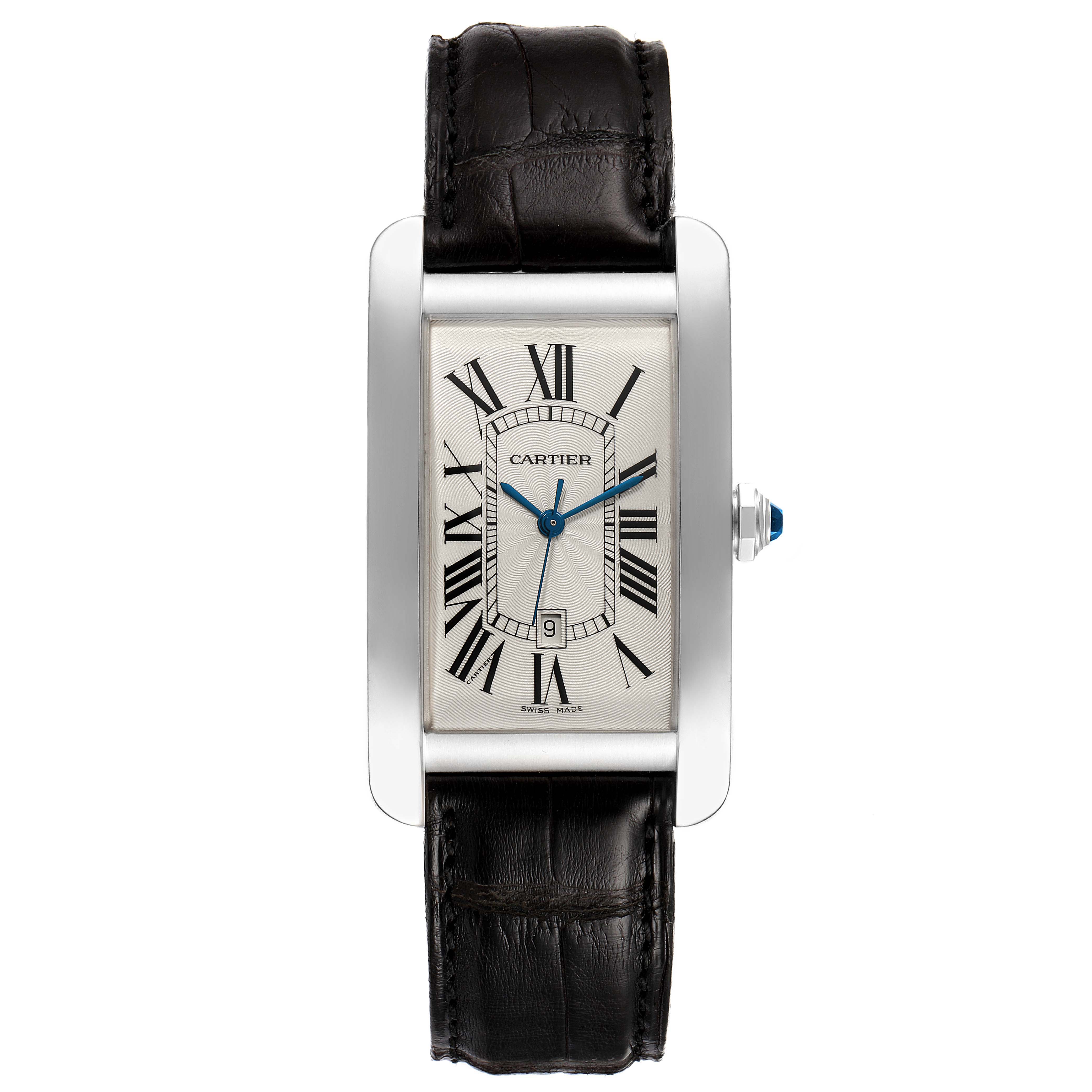 The image shows a front view of the Cartier Tank Americaine W2603256 Men
s Stainless Steel Silver Dial W2603256 Men
s Stainless Steel Silver Dial watch, highlighting its rectangular dial and black leather strap.