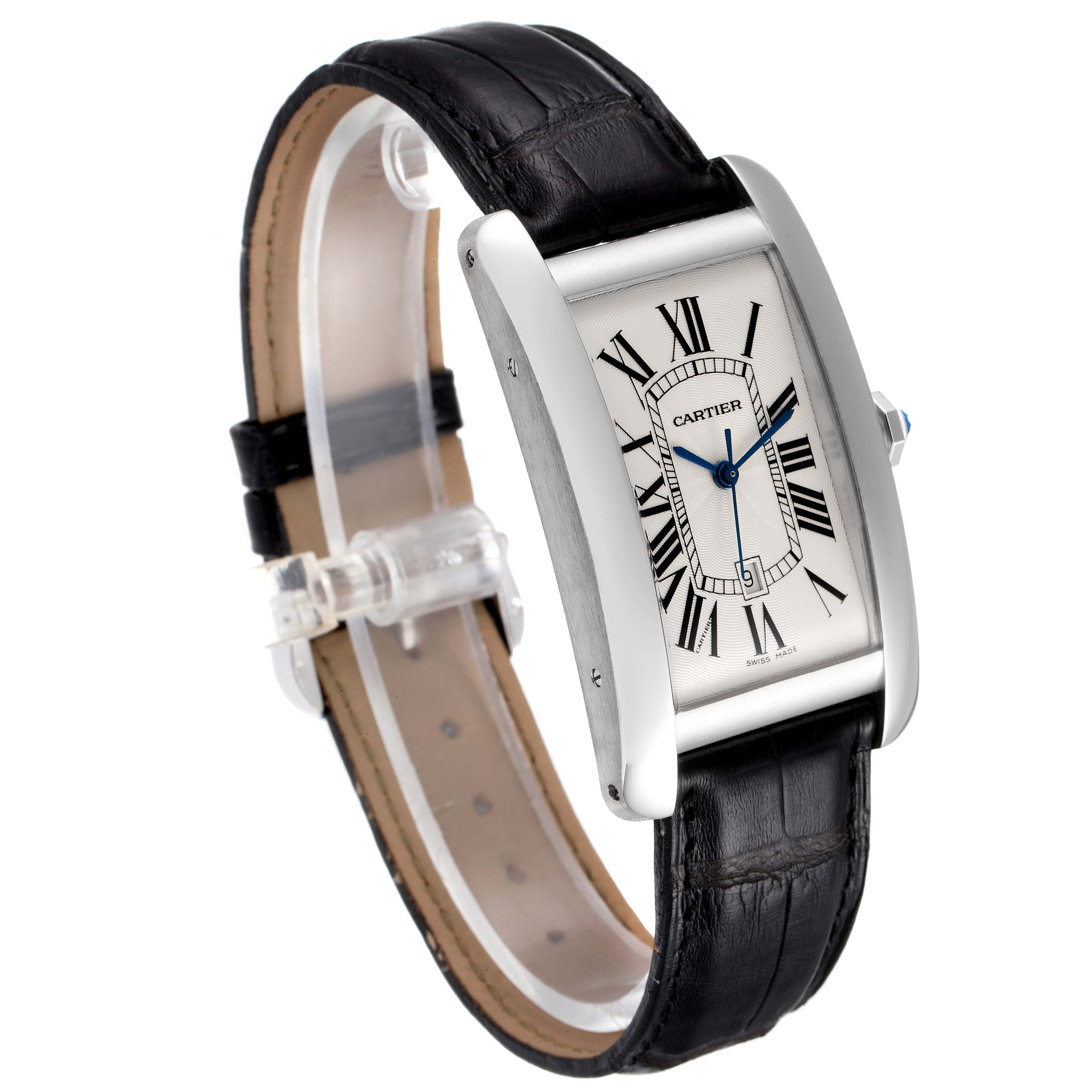 The Cartier Tank Americaine W2603256 Men
s Stainless Steel Silver Dial W2603256 Men
s Stainless Steel Silver Dial watch is shown at an angled side view, displaying its rectangular face, Roman numerals, and black leather strap.