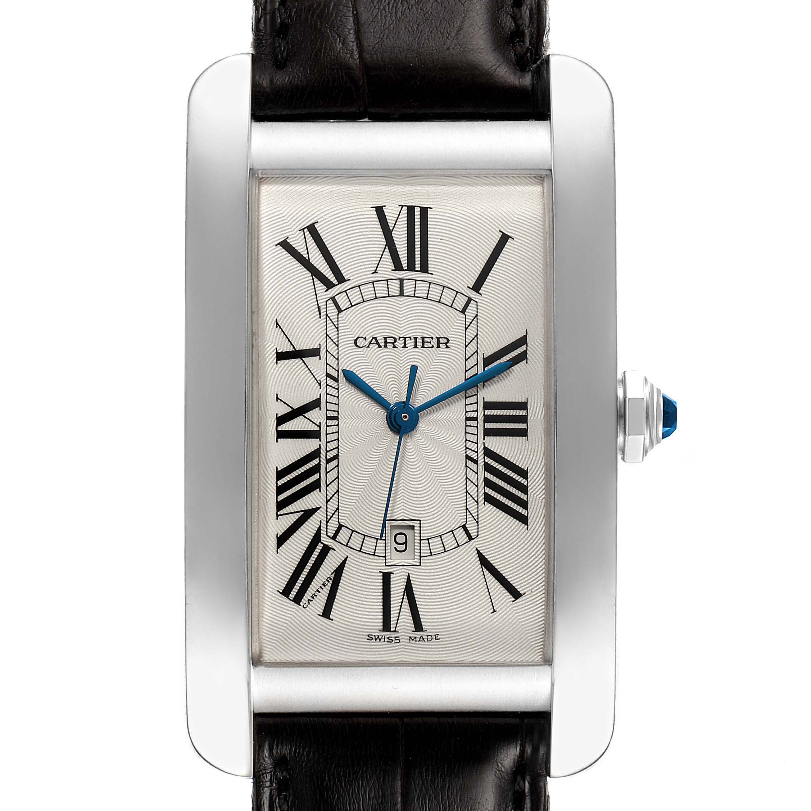 The image shows a front view of a Tank Americaine model by Cartier, highlighting the rectangular dial with Roman numerals and a black leather strap.