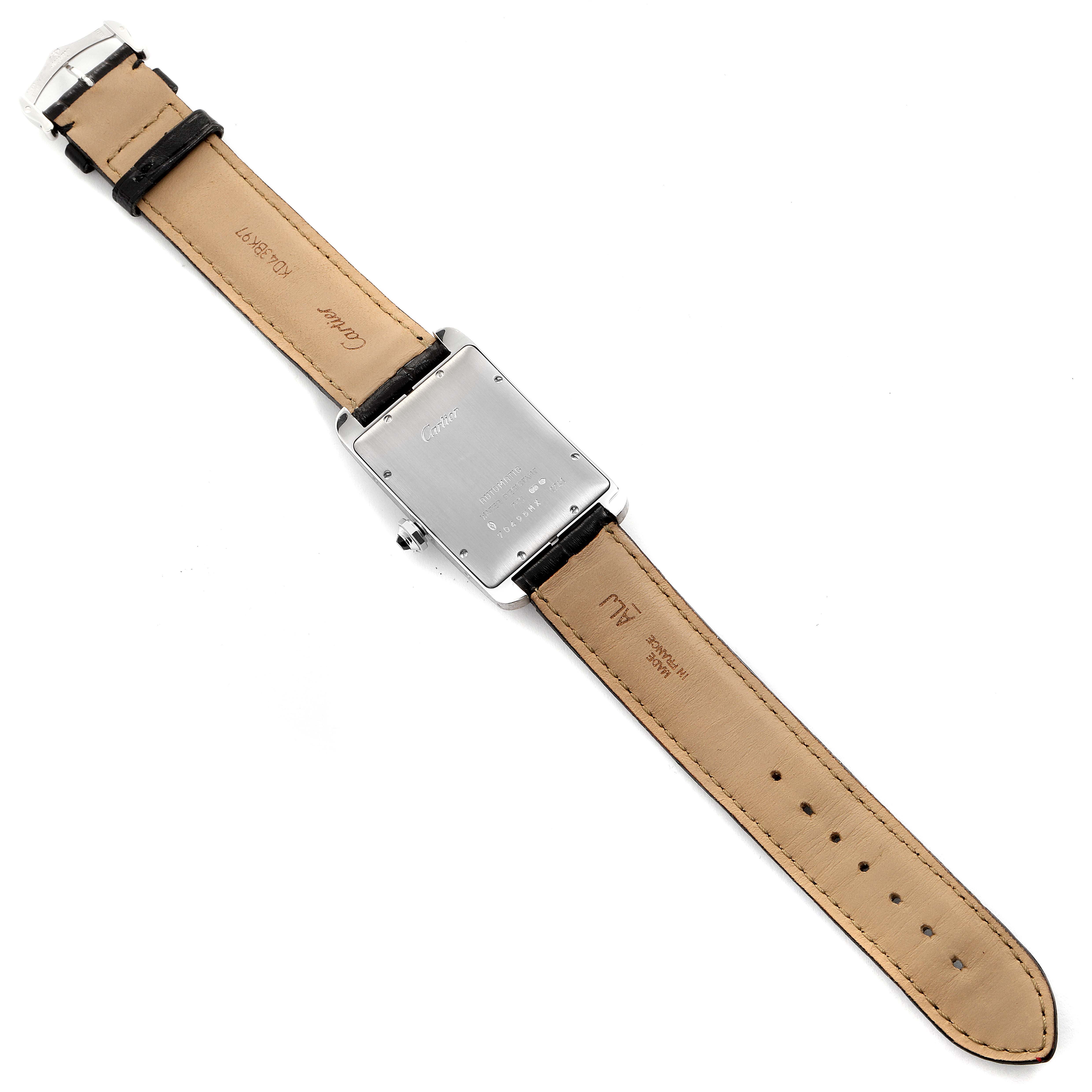 This image shows the back view of the Cartier Tank Americaine W2603256 Men
s Stainless Steel Silver Dial W2603256 Men
s Stainless Steel Silver Dial watch, revealing the case back, straps, and buckle.