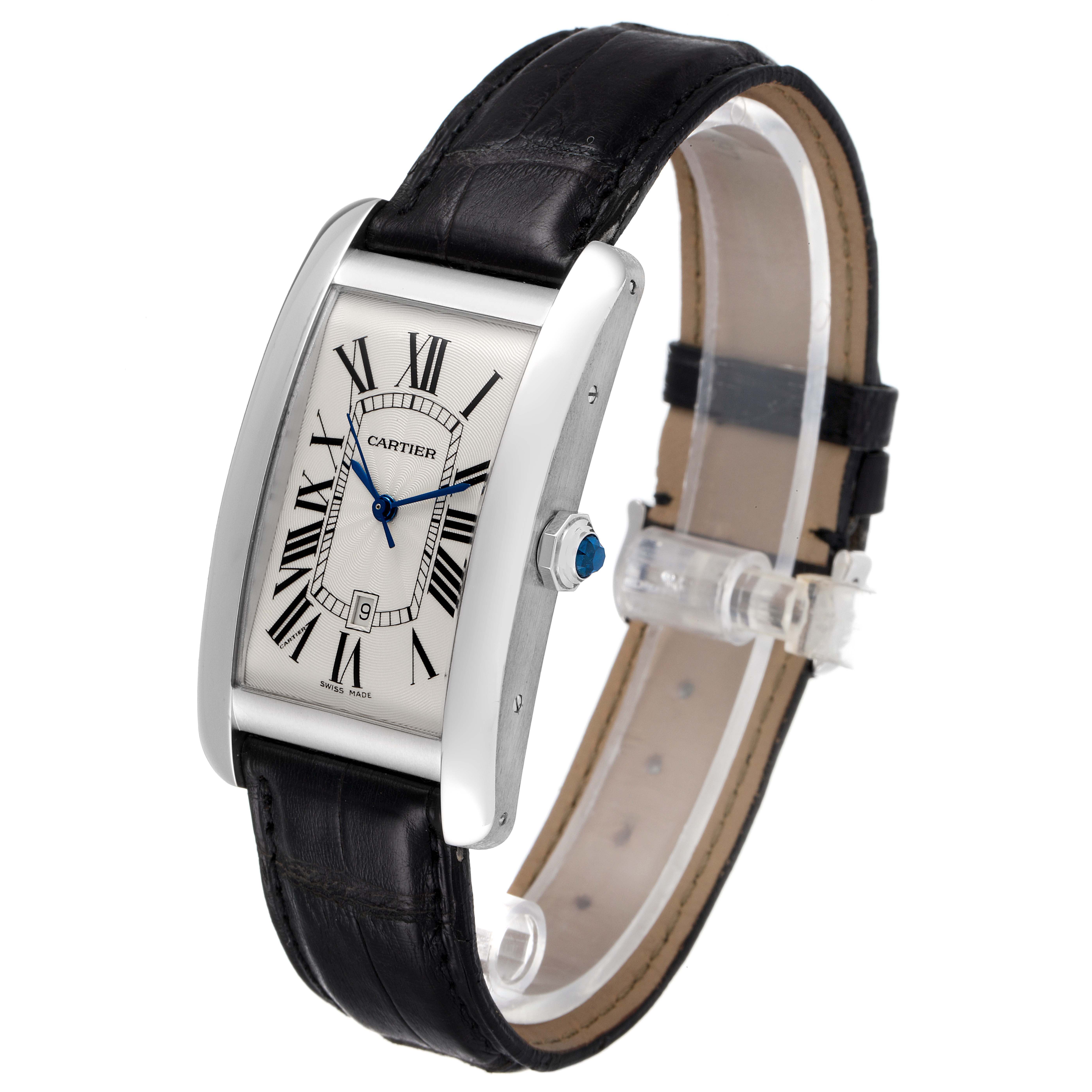 The Cartier Tank Americaine W2603256 Men
s Stainless Steel Silver Dial W2603256 Men
s Stainless Steel Silver Dial watch is shown at a three-quarter angle, displaying the face, crown, and black leather strap.