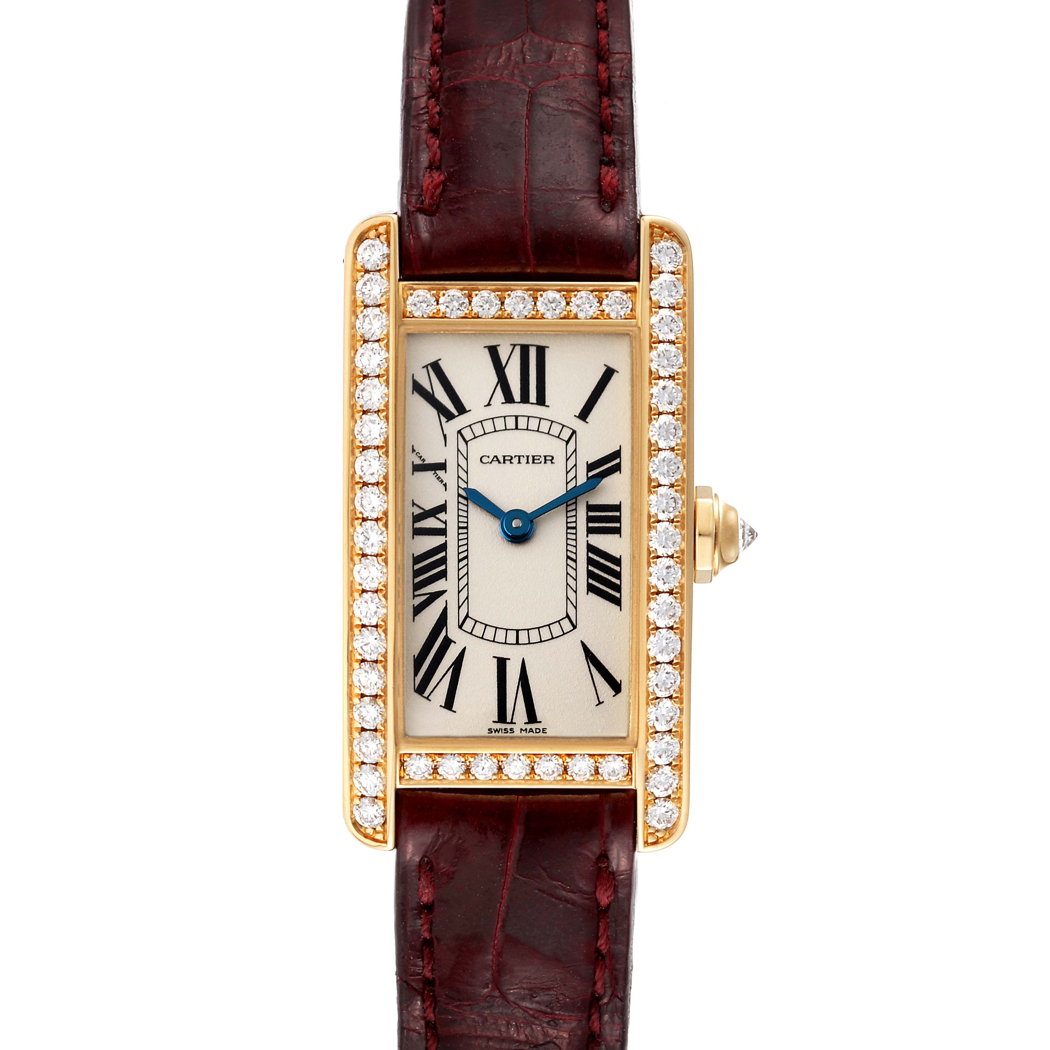 The Cartier Tank Americaine WB707231 Women's Yellow Gold Silver Dial WB707231 Women's Yellow Gold Silver Dial watch is shown from the front angle, highlighting the face, diamond-set bezel, and leather strap.