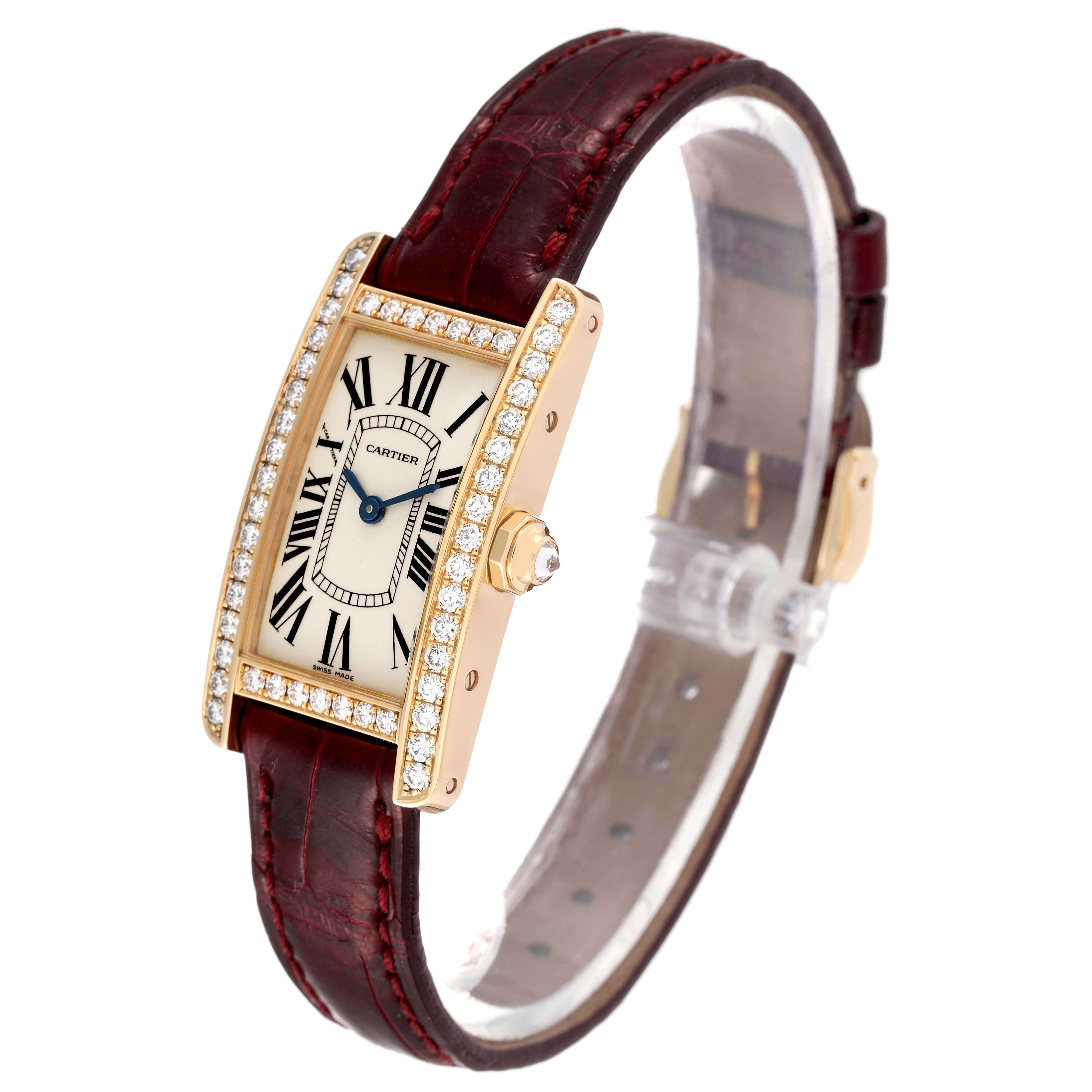 The image shows a Cartier Tank Americaine WB707231 Women's Yellow Gold Silver Dial WB707231 Women's Yellow Gold Silver Dial watch angled to display its face, bezel, crown, and strap.