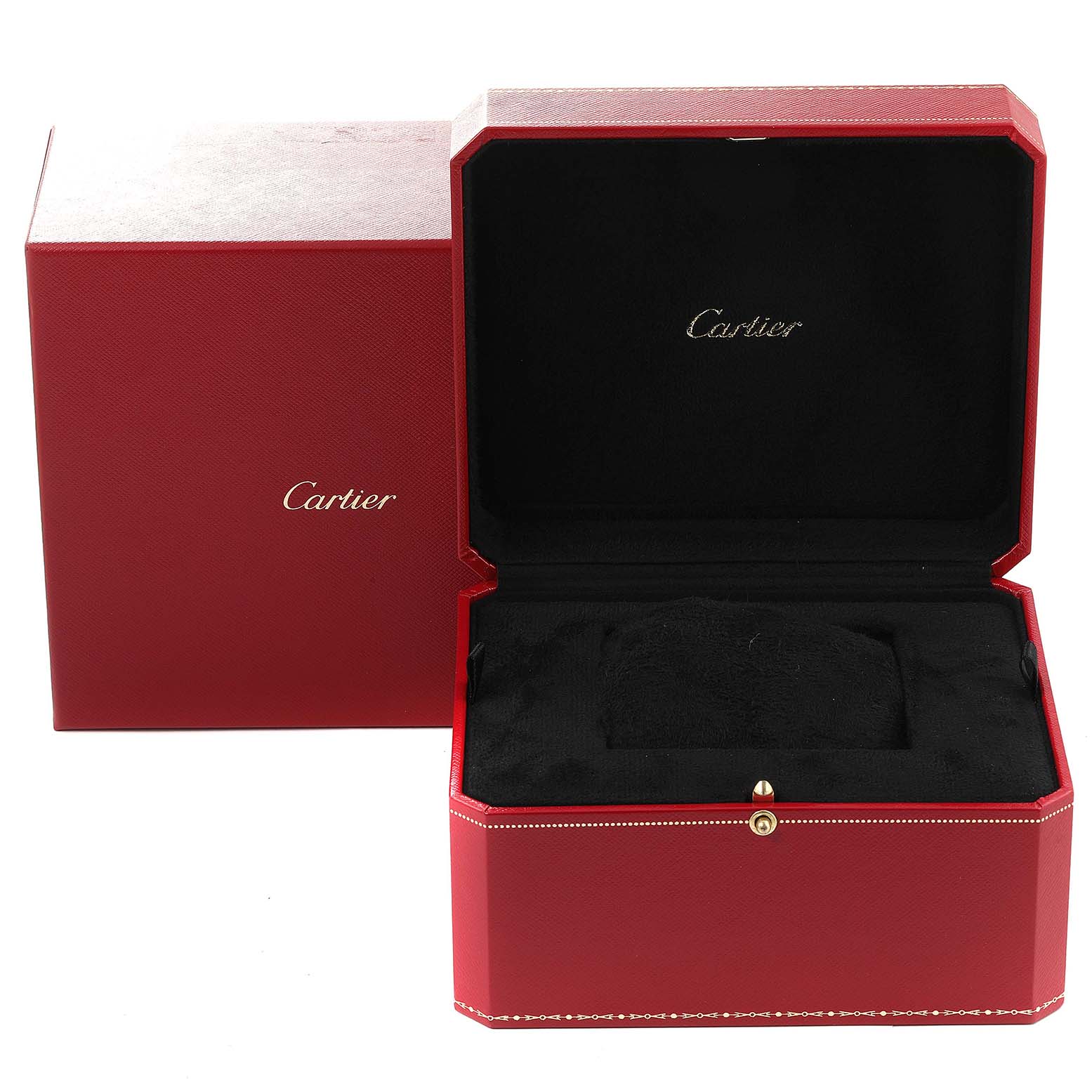 The image shows the open red box and the outer box for the Cartier Tank Americaine WB707231 Women's Yellow Gold Silver Dial WB707231 Women's Yellow Gold Silver Dial model watch.