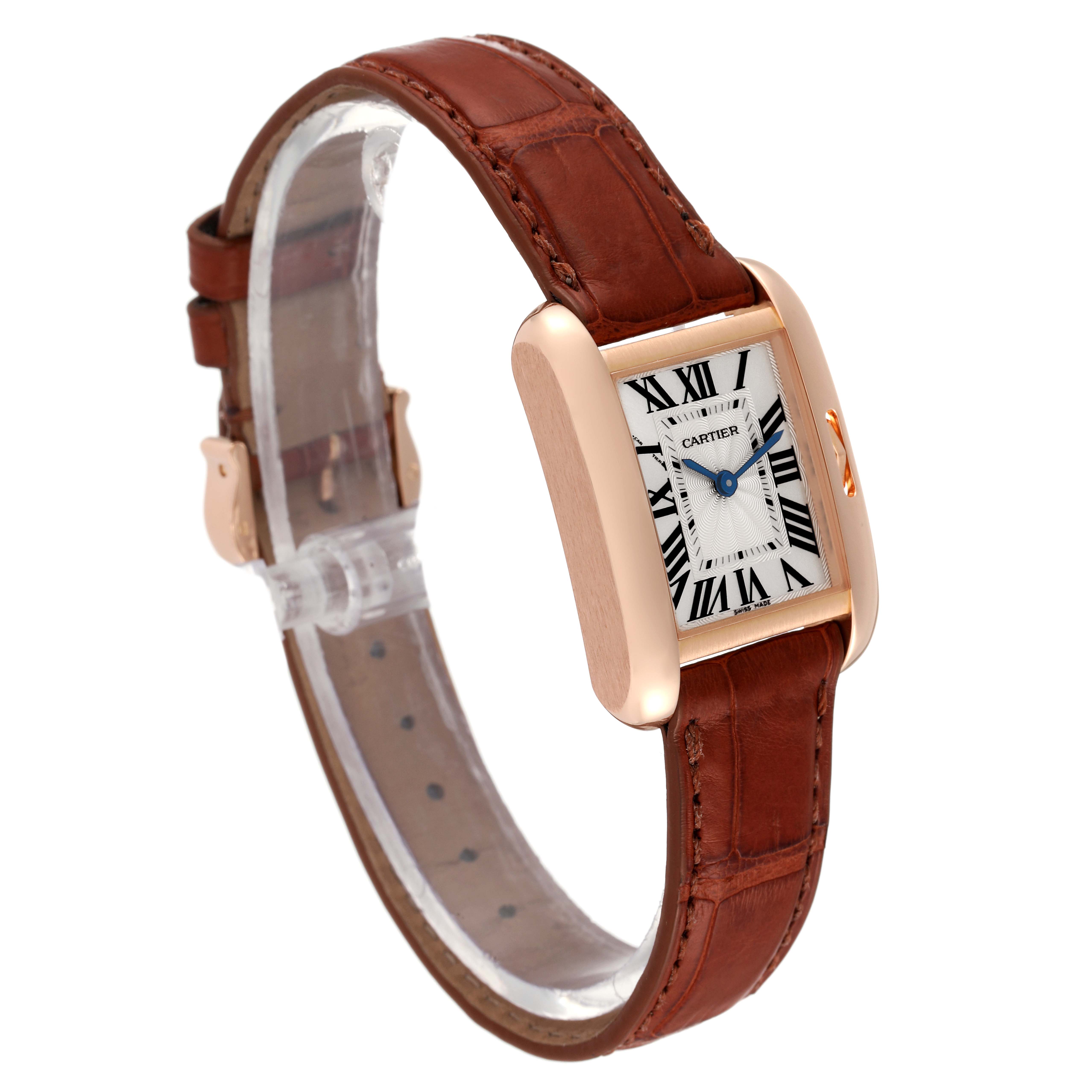 The image shows the Cartier Tank Anglaise W5310027 Women
s Rose Gold Silver Dial W5310027 Women
s Rose Gold Silver Dial watch at a three-quarter angle, highlighting the face, case, and brown leather strap.