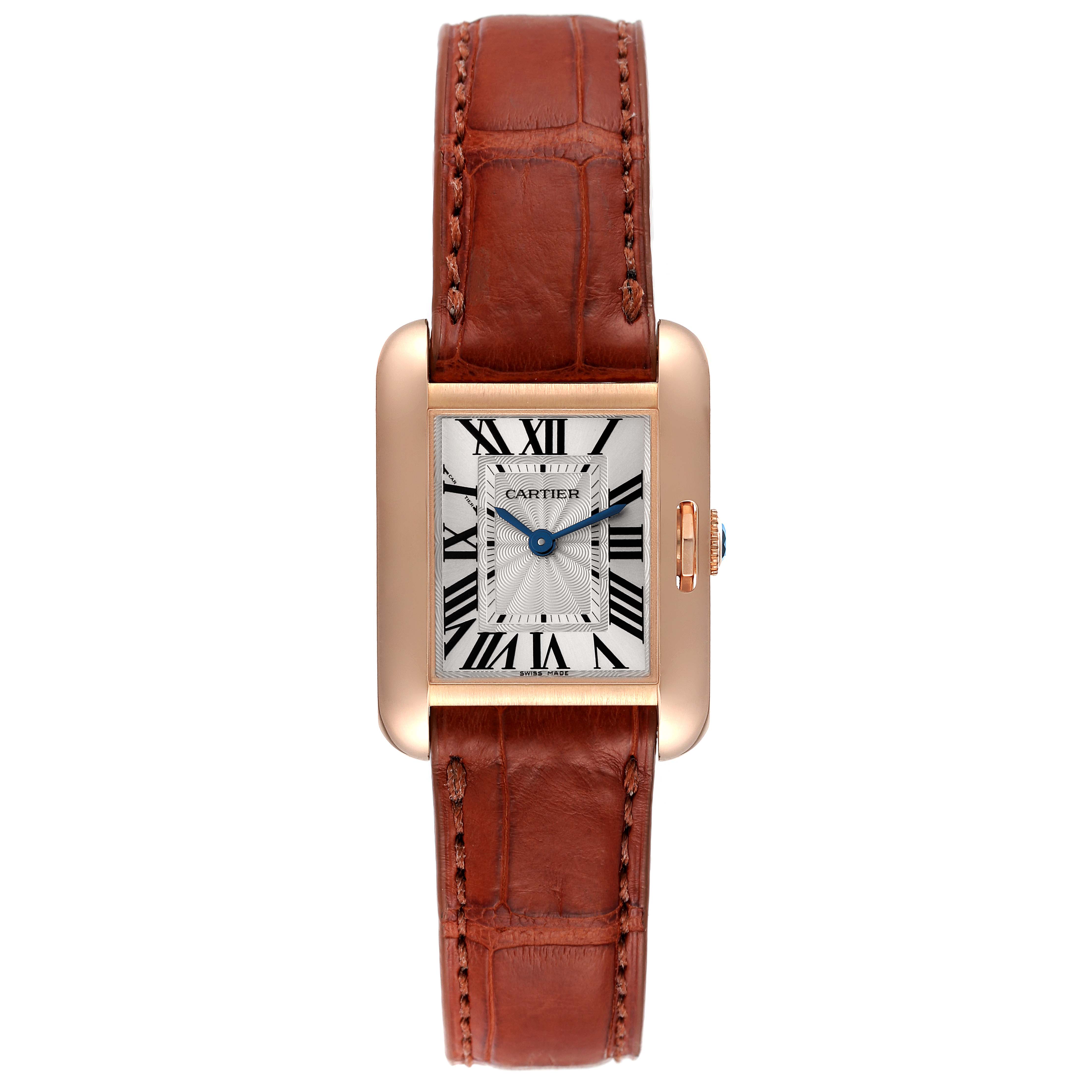 This is a top-down view of a Cartier Tank Anglaise W5310027 Women
s Rose Gold Silver Dial W5310027 Women
s Rose Gold Silver Dial watch, showing the watch face, leather strap, and crown.