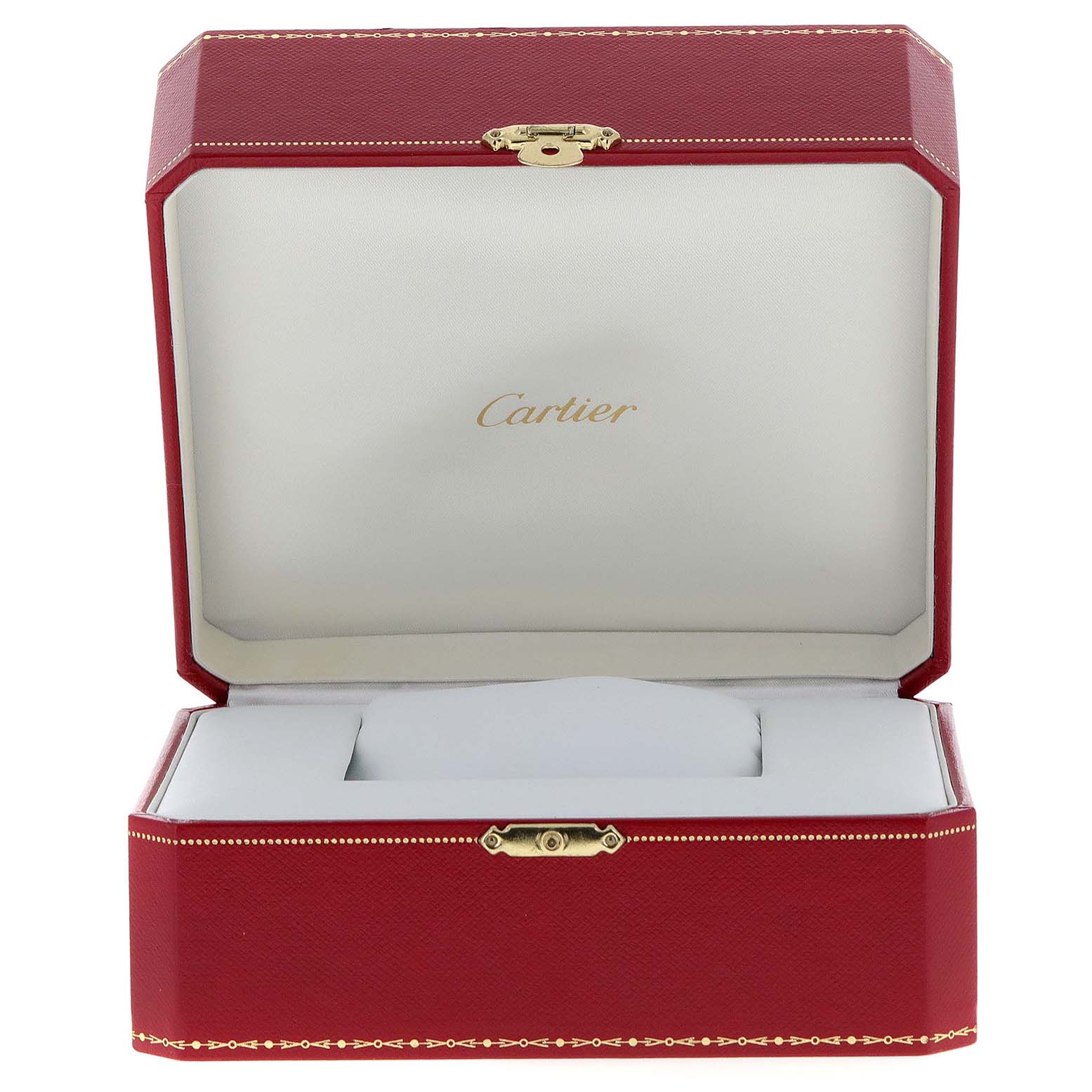 The image shows an open red Cartier watch box, likely for a Tank Anglaise model.