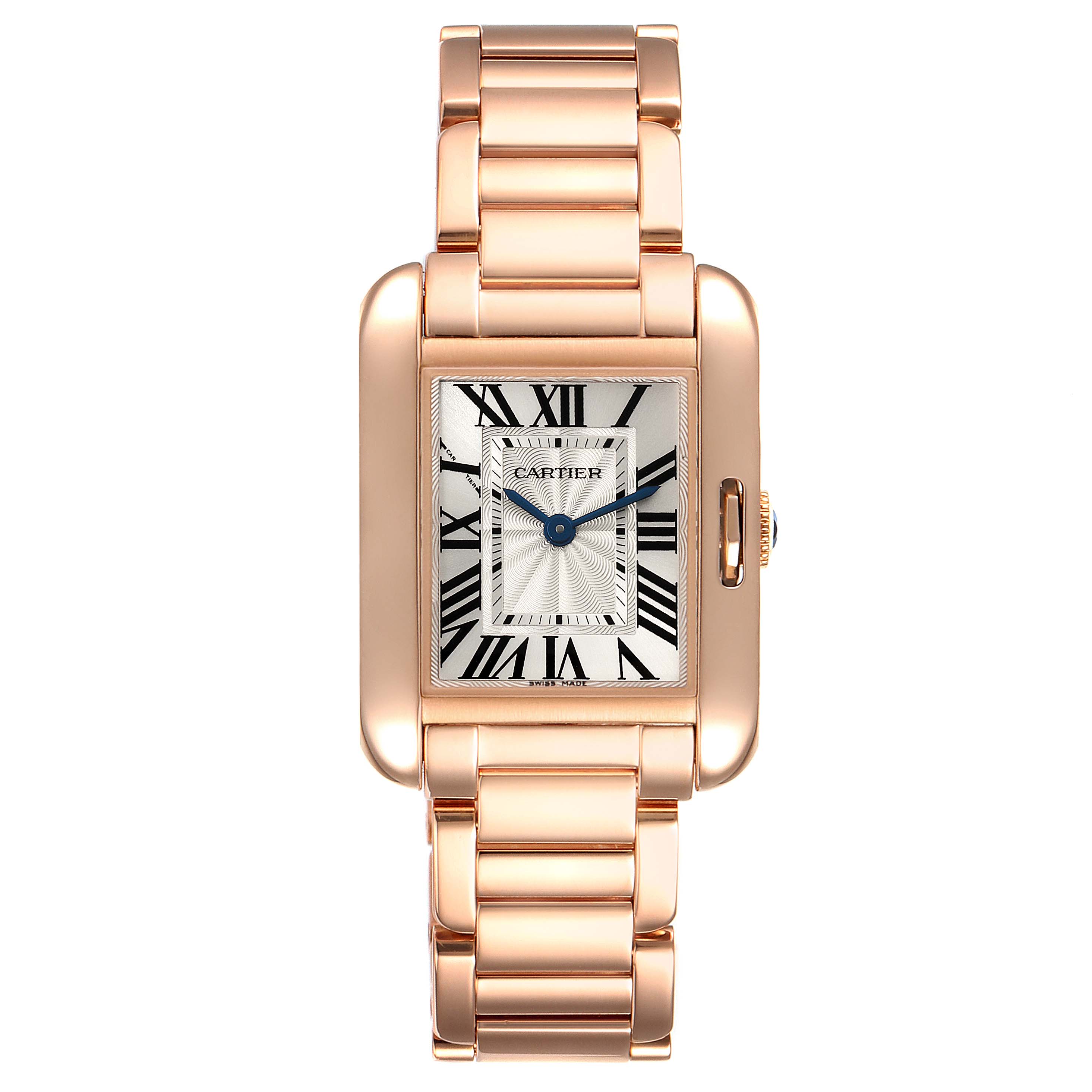 The image shows a Cartier Tank Anglaise W5310013 Women
s Rose Gold Silver Dial W5310013 Women
s Rose Gold Silver Dial watch from the front, displaying the dial, case, and bracelet.