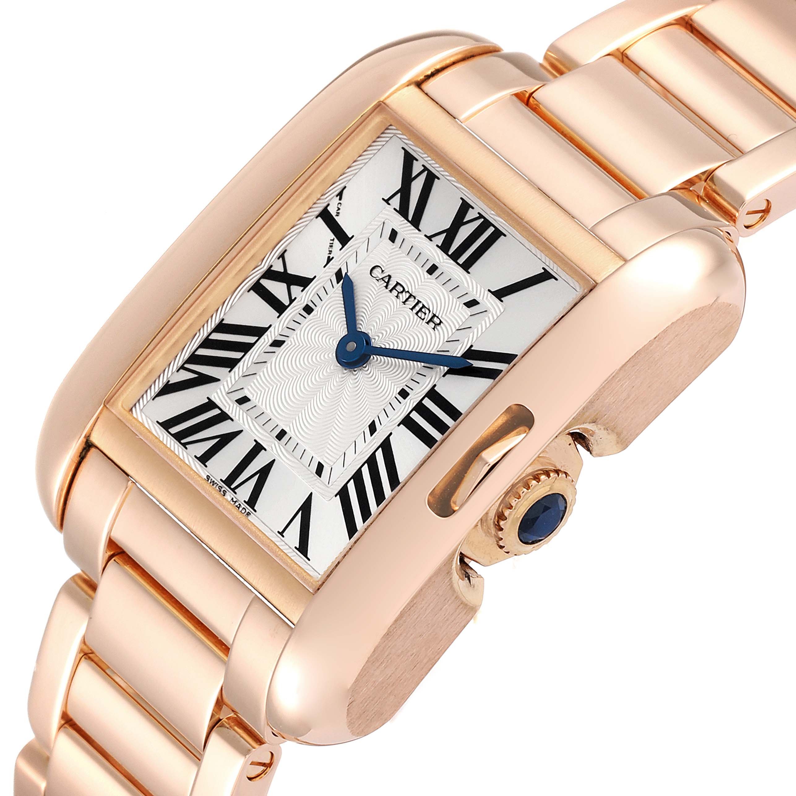 This image shows a close-up angle of the Cartier Tank Anglaise W5310013 Women
s Rose Gold Silver Dial W5310013 Women
s Rose Gold Silver Dial watch, highlighting its face, crown, and bracelet.
