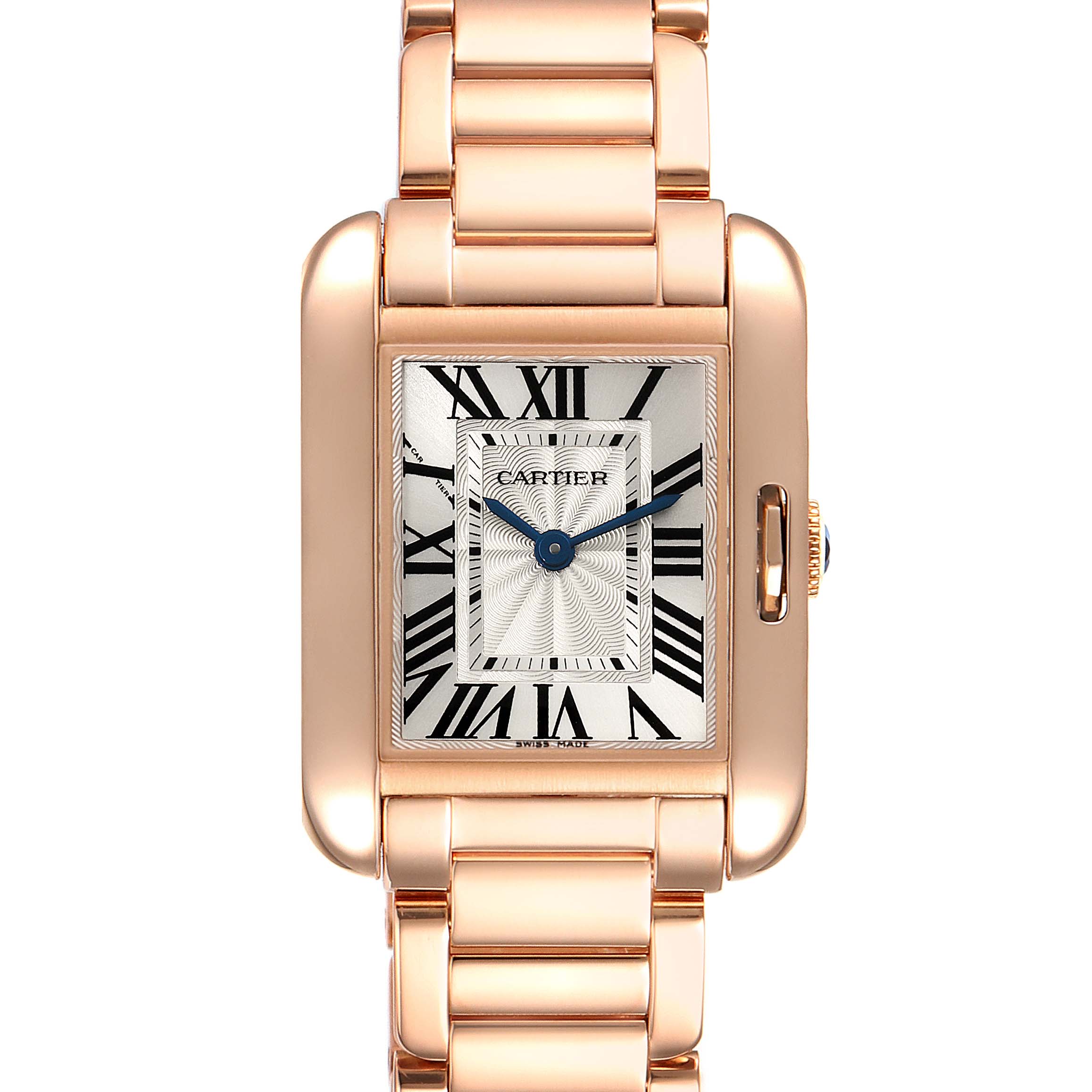 This image shows a front view of a Cartier Tank Anglaise W5310013 Women
s Rose Gold Silver Dial W5310013 Women
s Rose Gold Silver Dial watch, displaying the face, bezel, and bracelet.