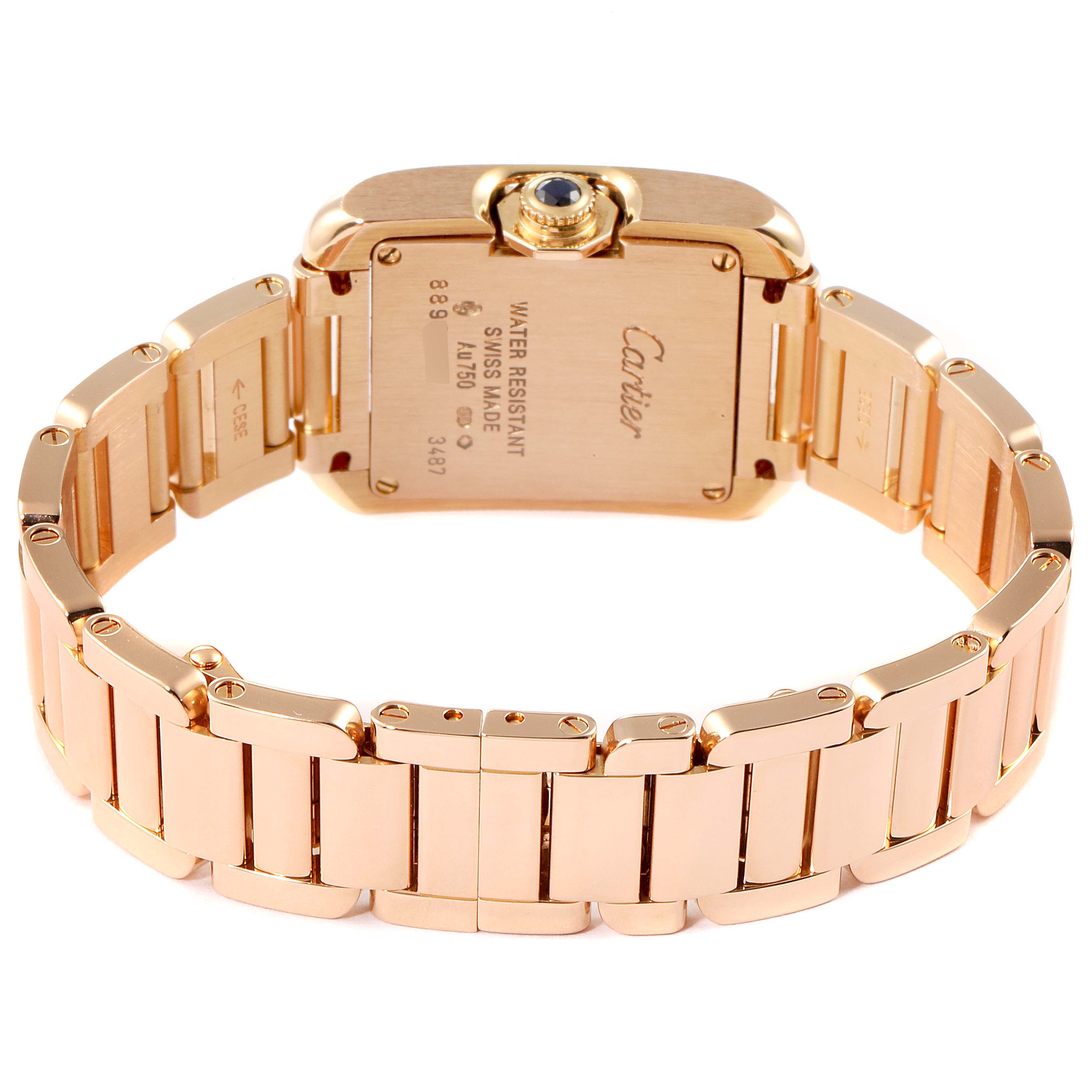 The image shows the back side and bracelet of a Cartier Tank Anglaise W5310013 Women
s Rose Gold Silver Dial W5310013 Women
s Rose Gold Silver Dial watch in a rose gold tone.
