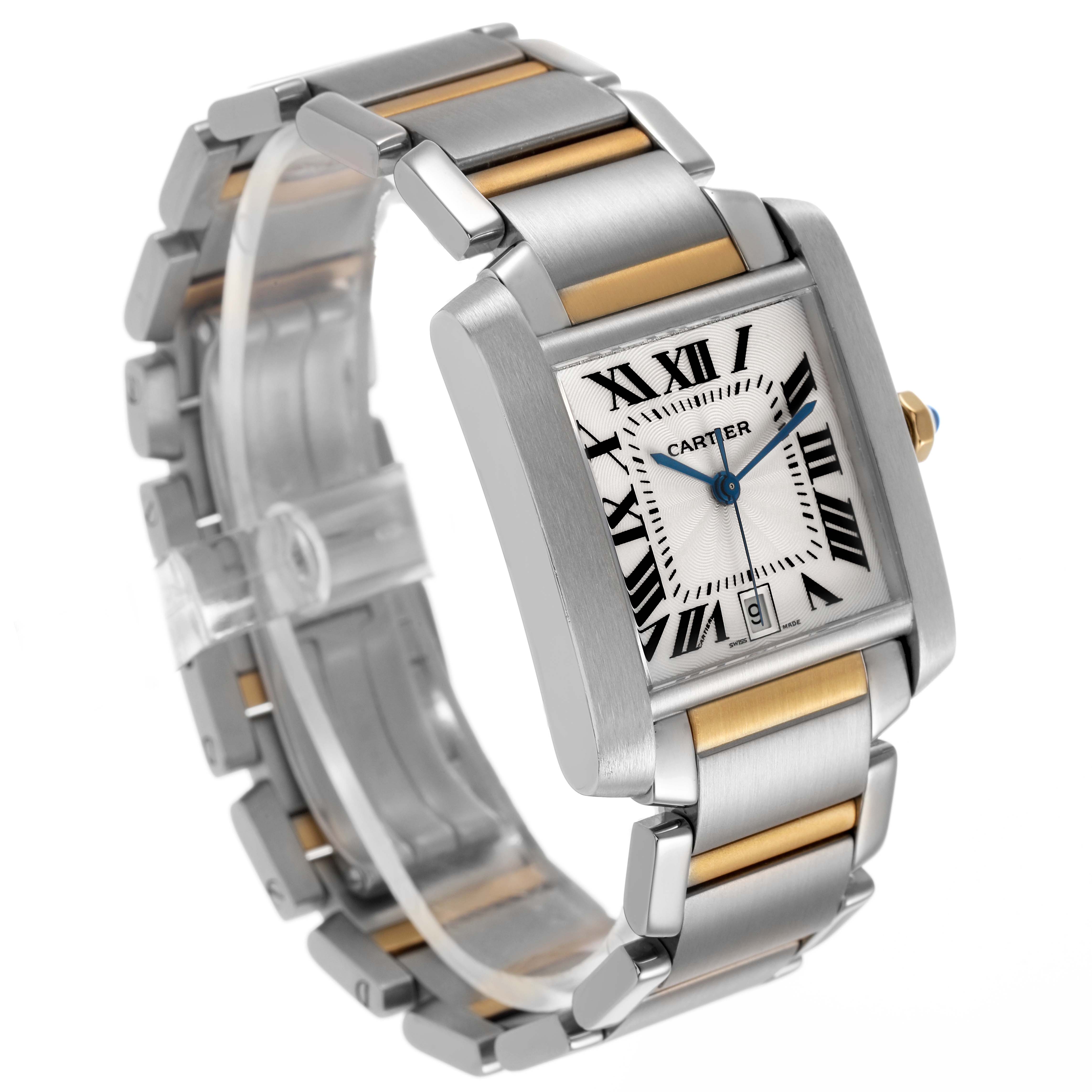 The Cartier Tank Française watch is shown at an angled side view, highlighting the face, bracelet, and crown.