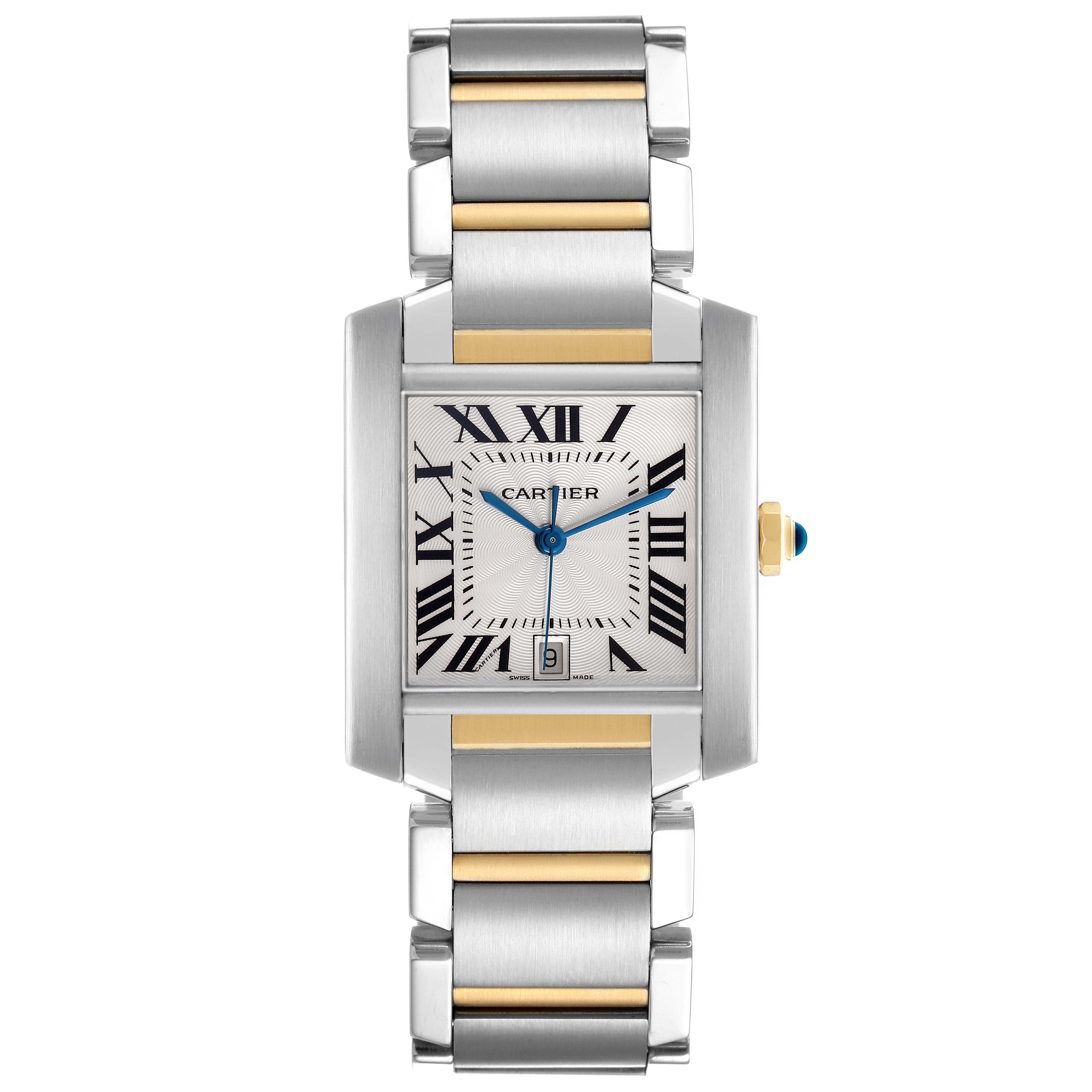 The Cartier Tank Française watch is shown from a front view, displaying the rectangular case, dial with Roman numerals, and metal bracelet.