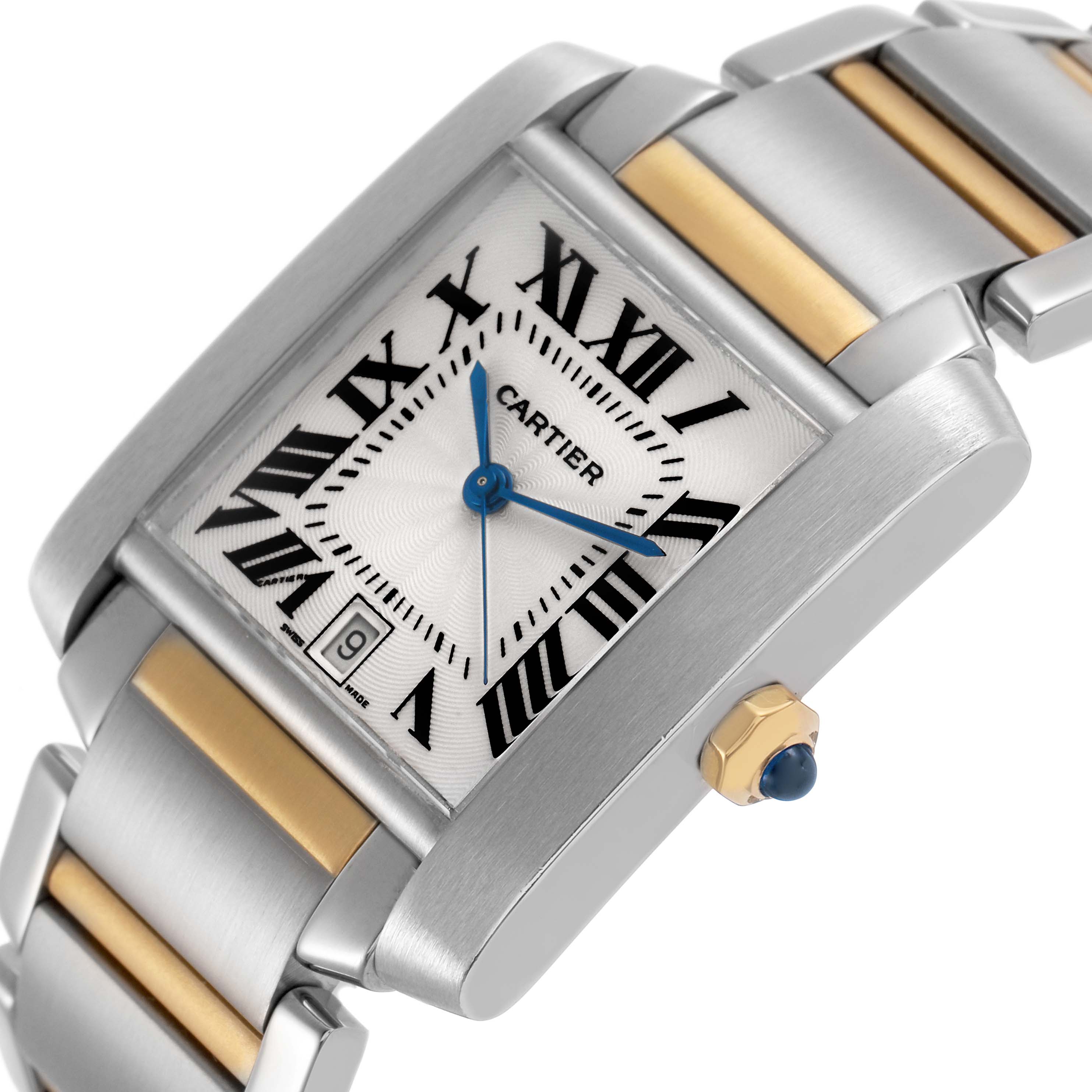 The Cartier Tank Française watch is shown at an angled top view, highlighting the face, crown, and part of the bracelet.