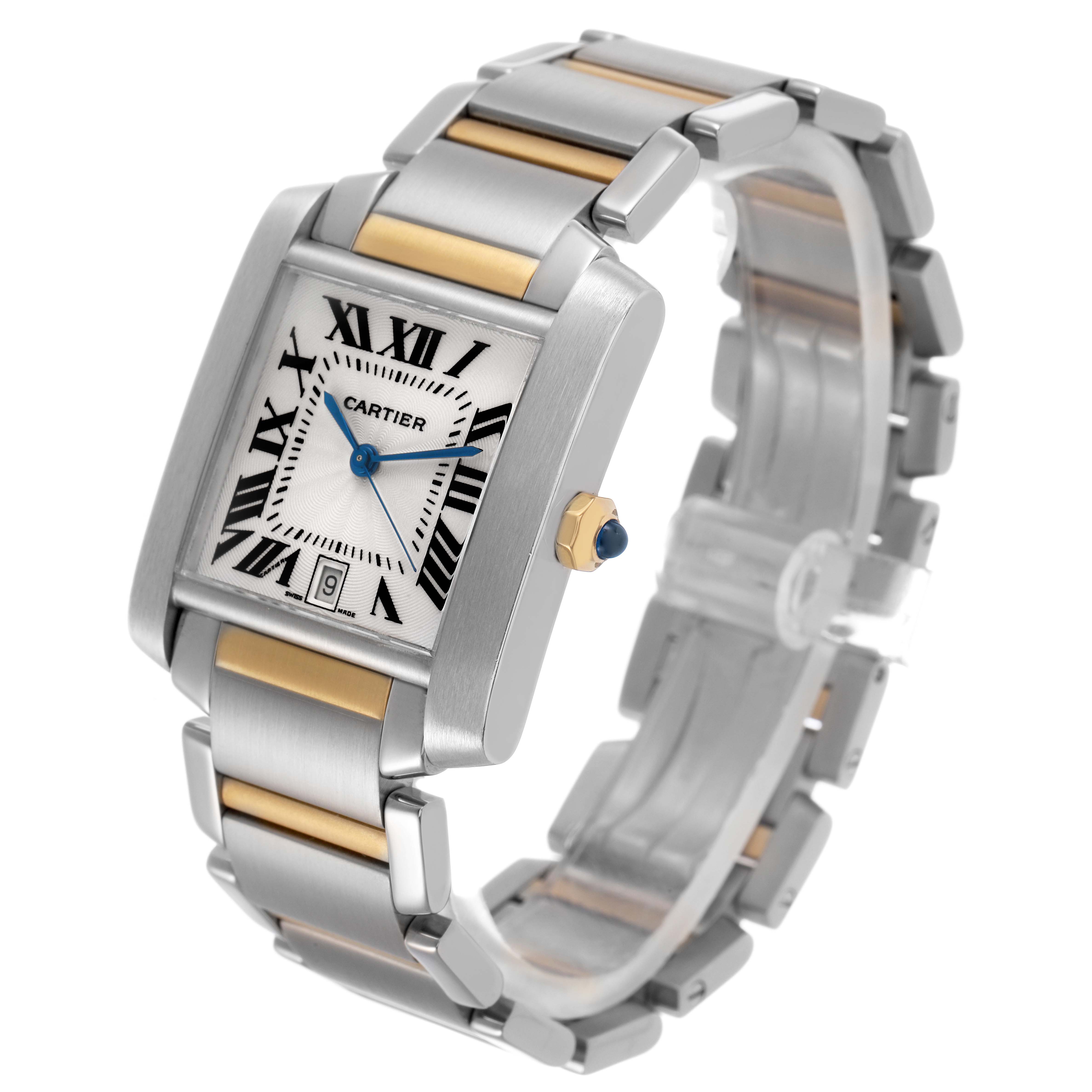 The Cartier Tank Française watch is shown at an angled view, highlighting its face, crown, and metal bracelet.