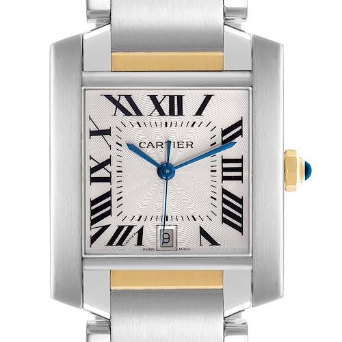 The Cartier Tank Française watch is shown from the front, highlighting its square face, Roman numerals, and blue hands.