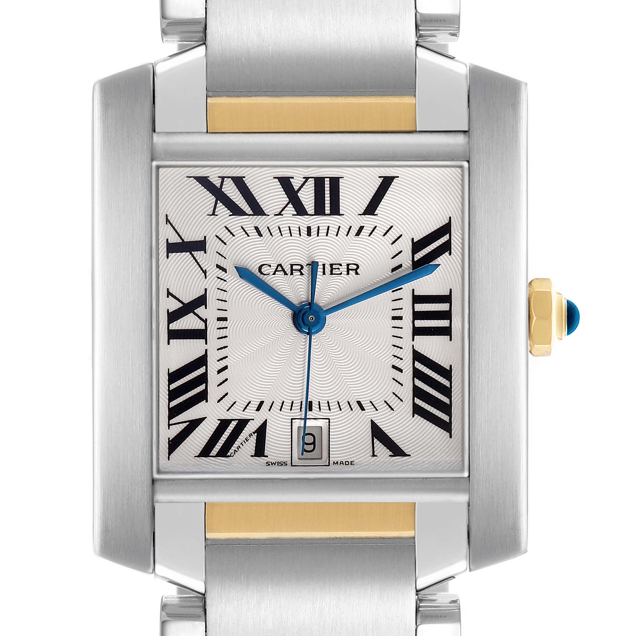 The Cartier Tank Francaise W51005Q4 Men's Stainless Steel Silver Dial watch is shown from the front, highlighting its dial, Roman numerals, blue hands, date window, and crown.