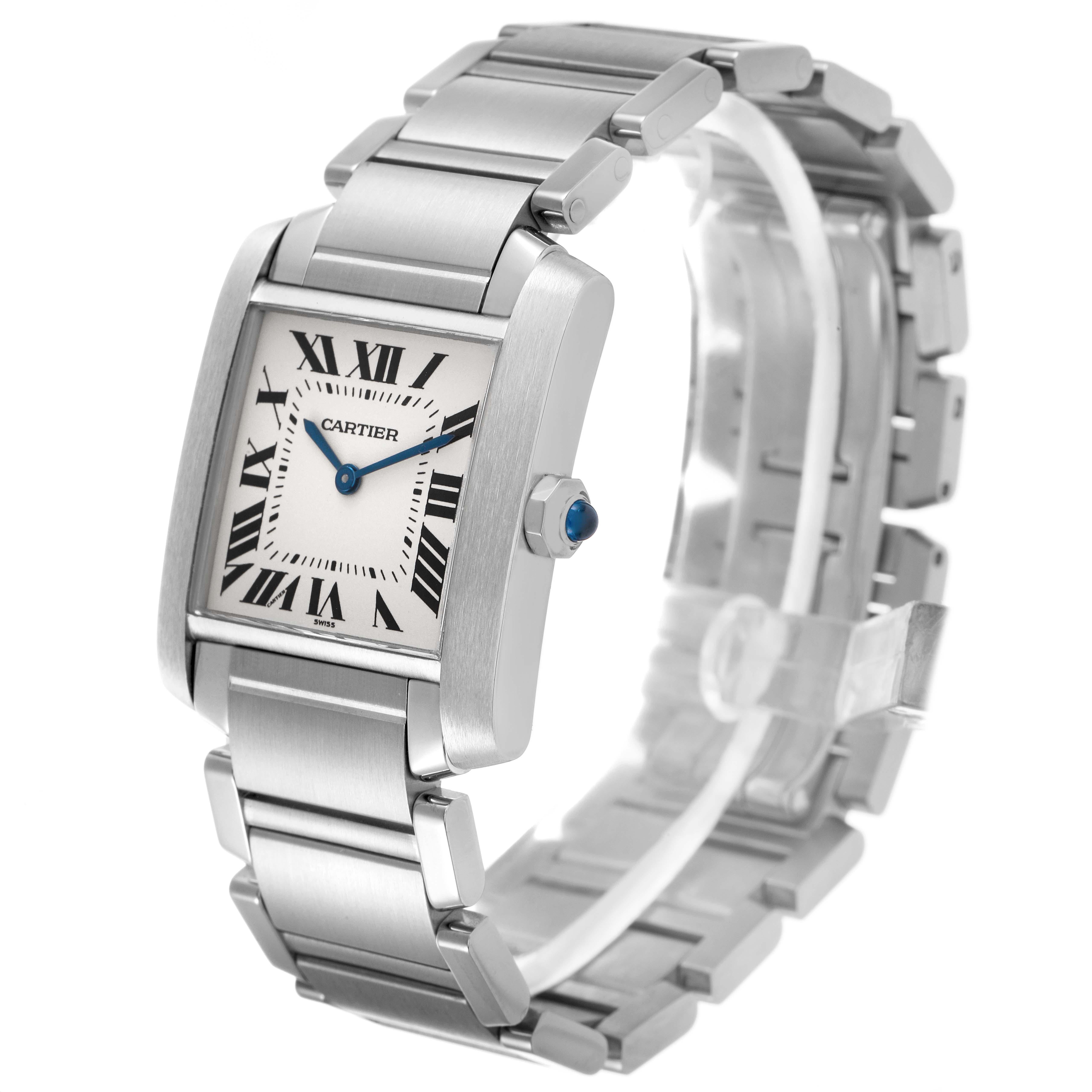 The Cartier Tank Française watch is shown at an angle highlighting its face, crown, and metal bracelet.