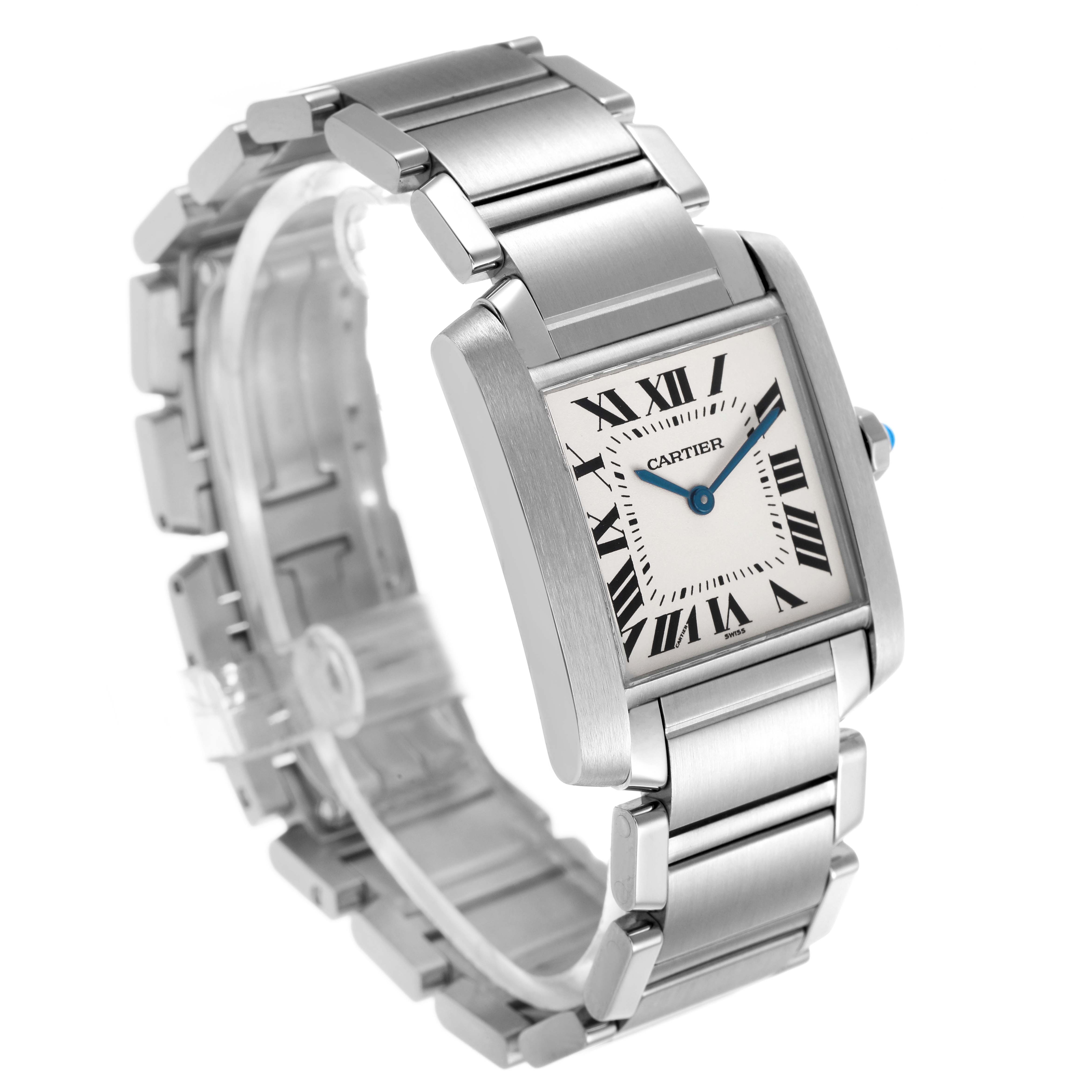 The Cartier Tank Française watch is shown at a slight angle, highlighting its square face, Roman numerals, and metal bracelet.