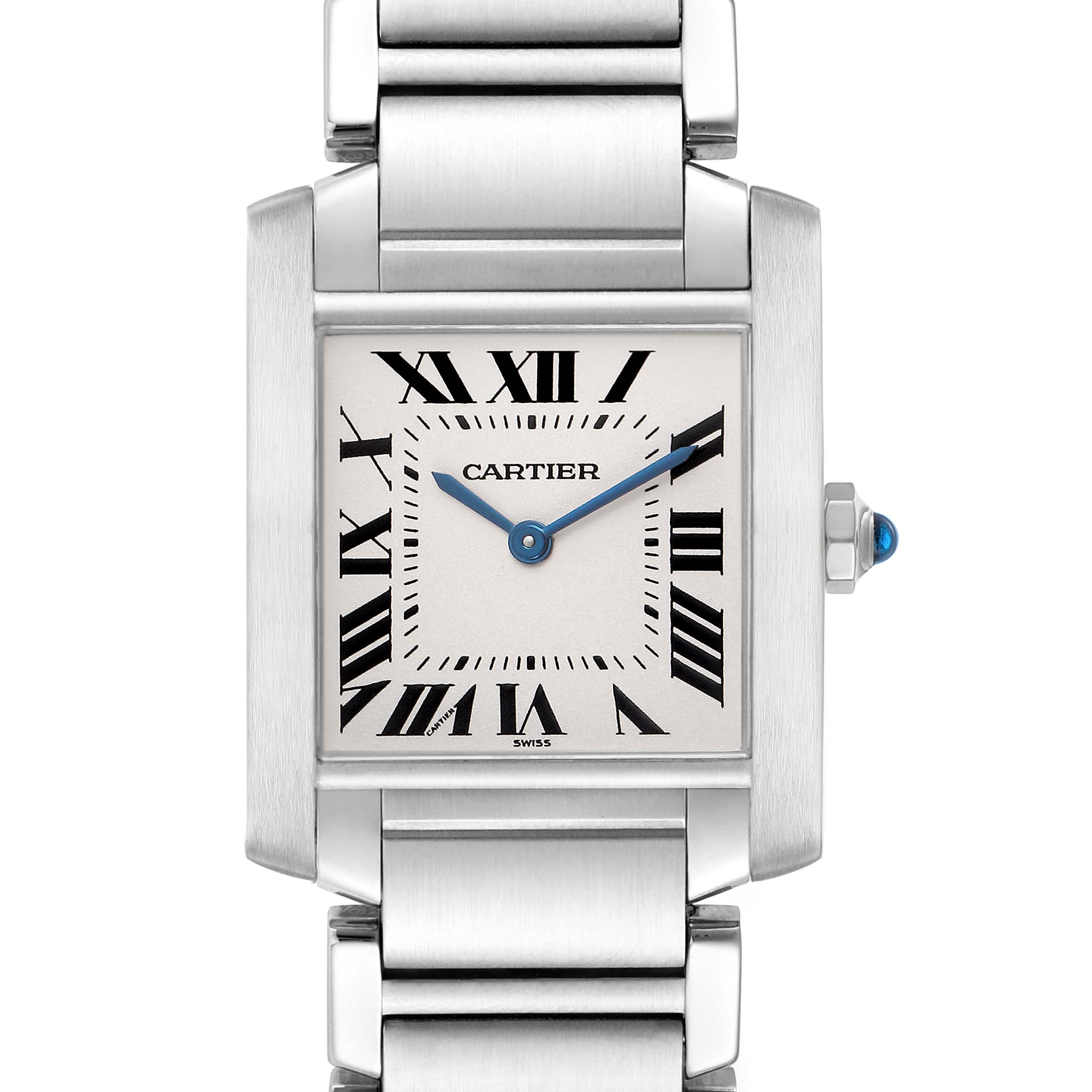 The image shows the Cartier Tank Francaise W51003Q3 Women's Stainless Steel Silver Dial watch face, bracelet, and crown from a front angle, highlighting Roman numerals and blue steel hands.